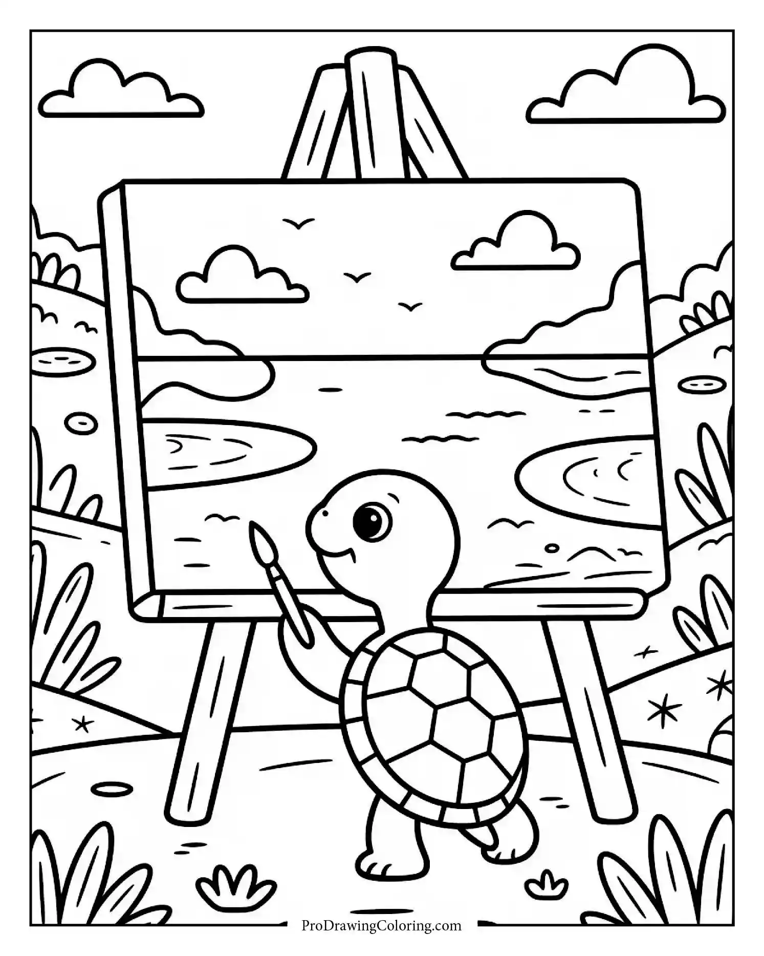 turtle painting ocean coloring sheet Creative turtle painting ocean view with paintbrush — fun printable art coloring page