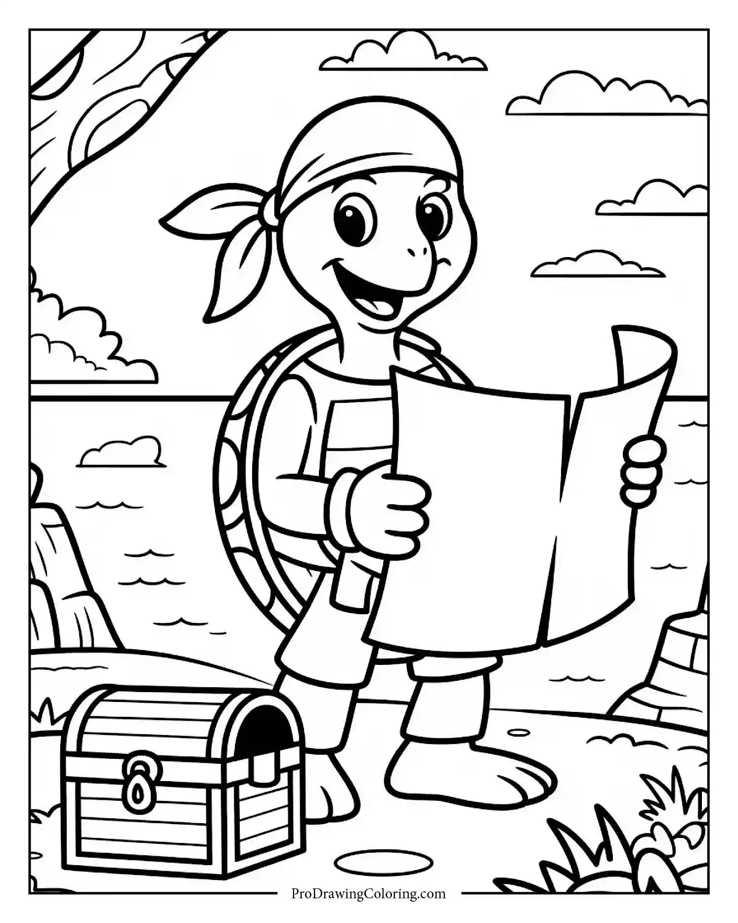 turtle pirate coloring page Funny turtle dressed as pirate searching treasure — adventurous printable turtle coloring page