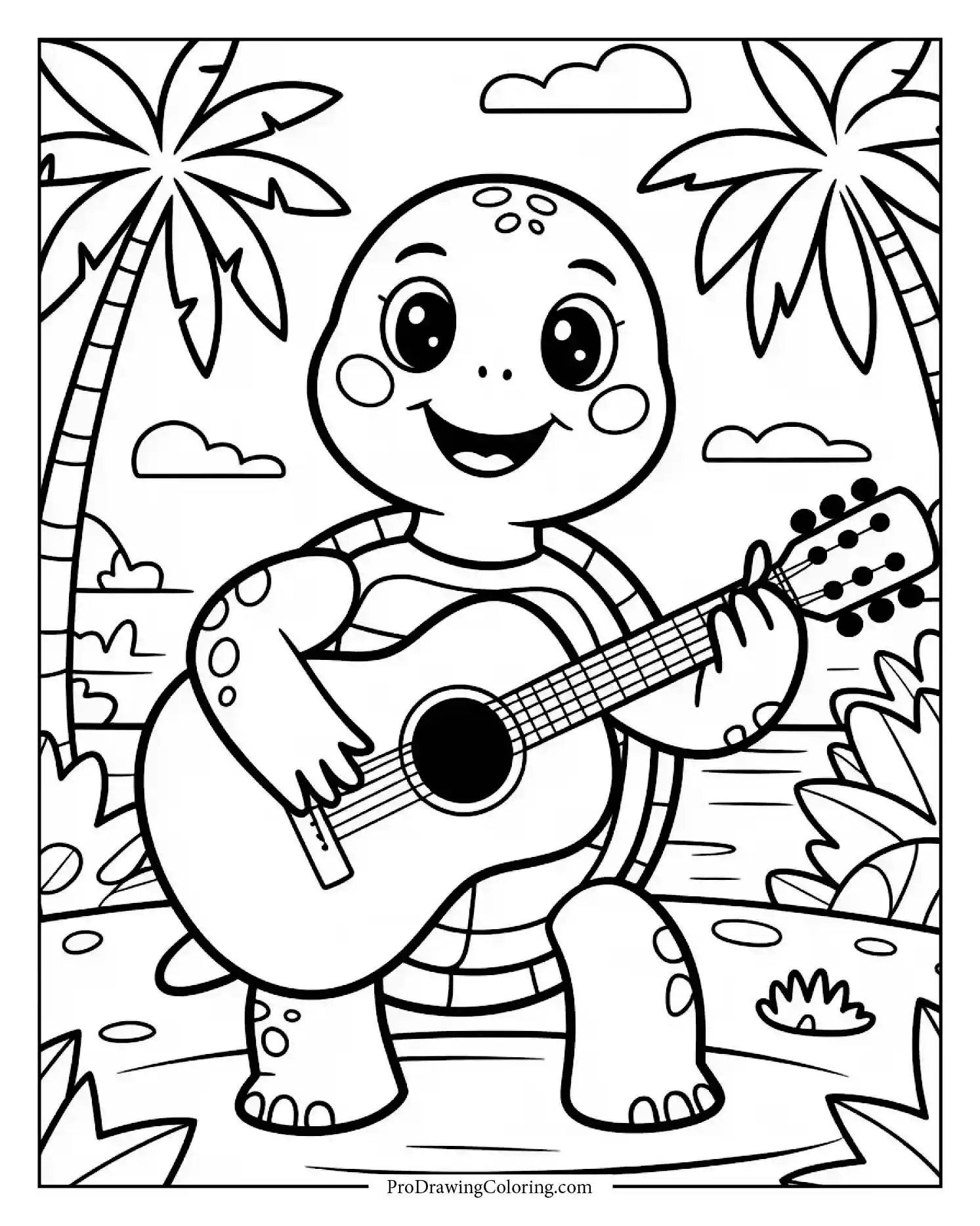 turtle playing guitar printable Funny turtle musician playing guitar on tropical island — fun printable turtle coloring page
