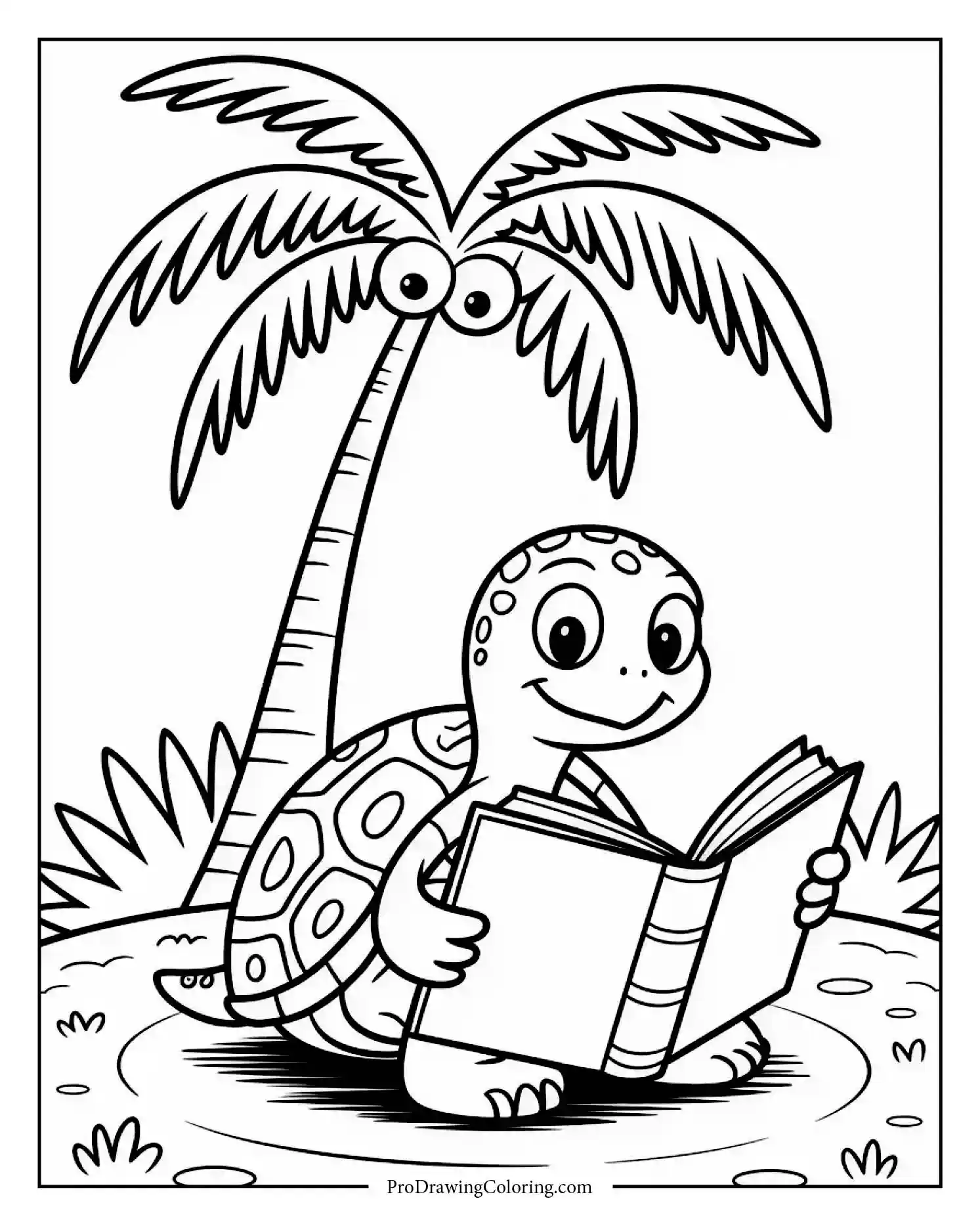 turtle reading book coloring page Smart turtle reading story under shade — fun printable educational coloring sheet