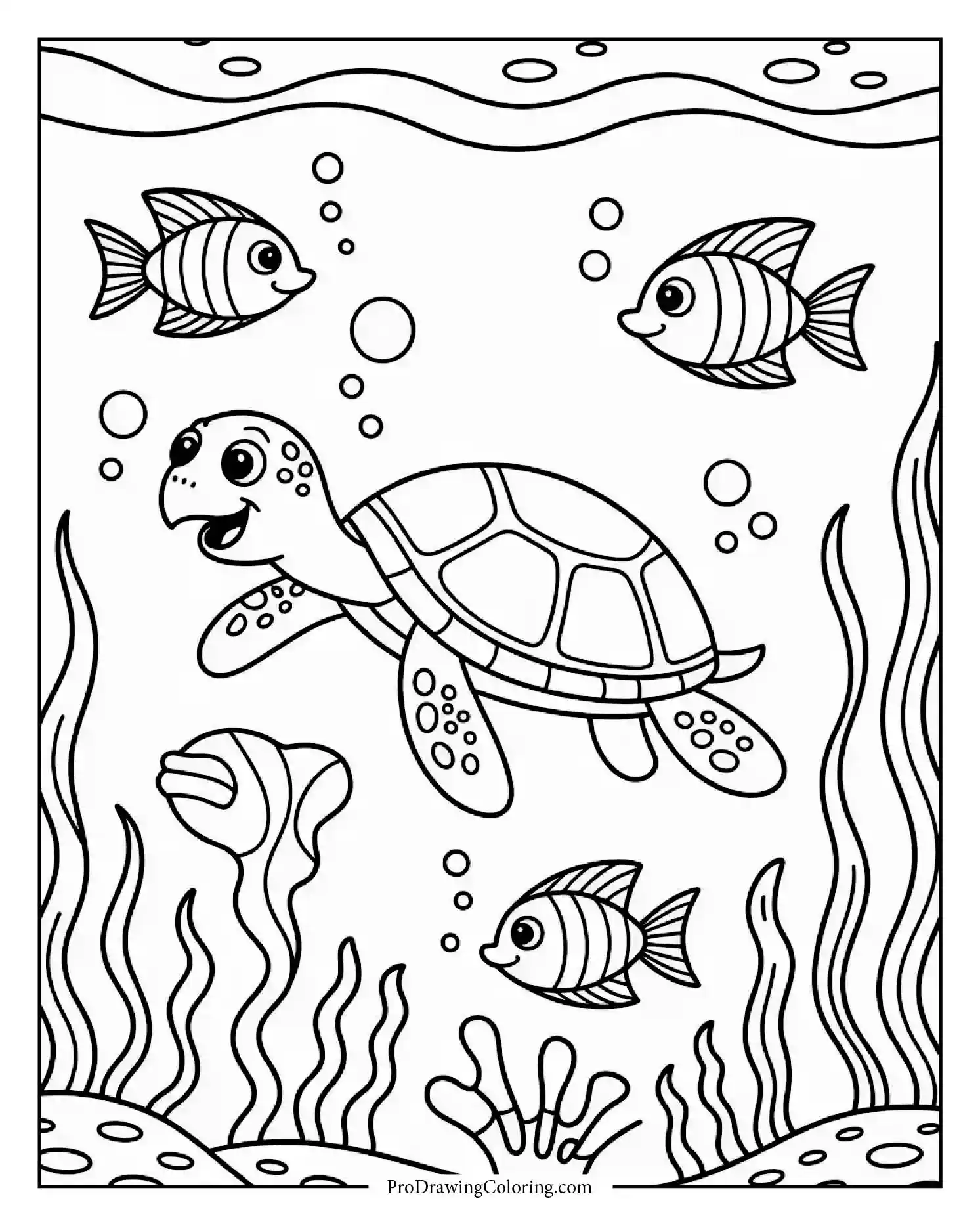 turtle swimming with fish coloring page Friendly turtle swimming with tropical fish and corals — fun printable ocean-themed coloring sheet