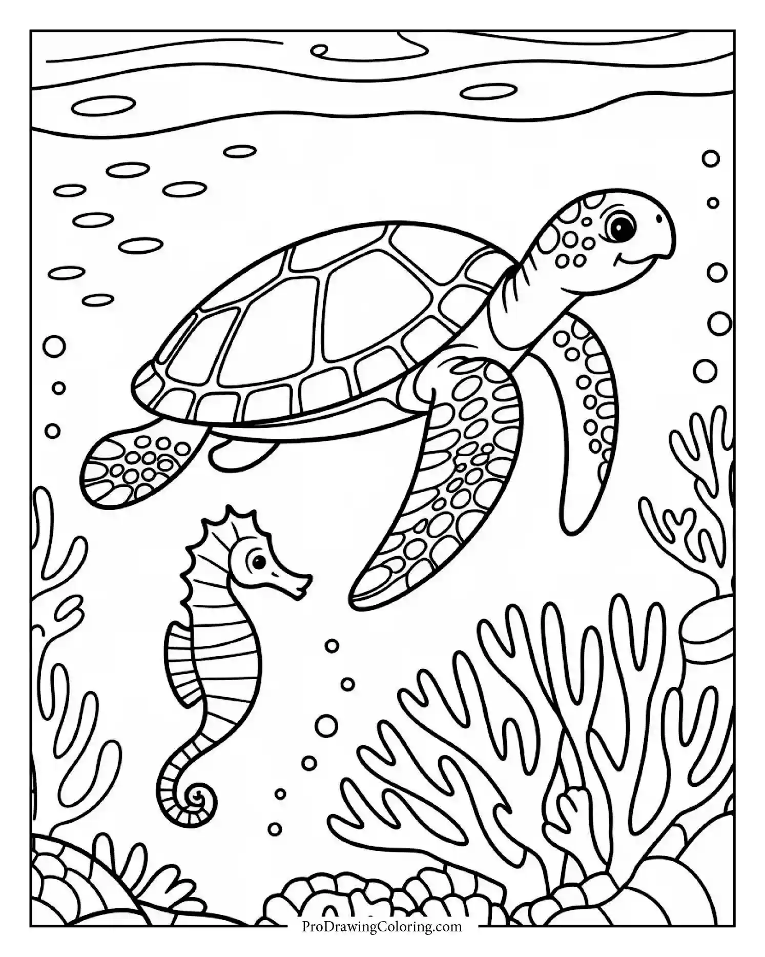 turtle with seahorse Friendly turtle swimming beside seahorse in colorful reef