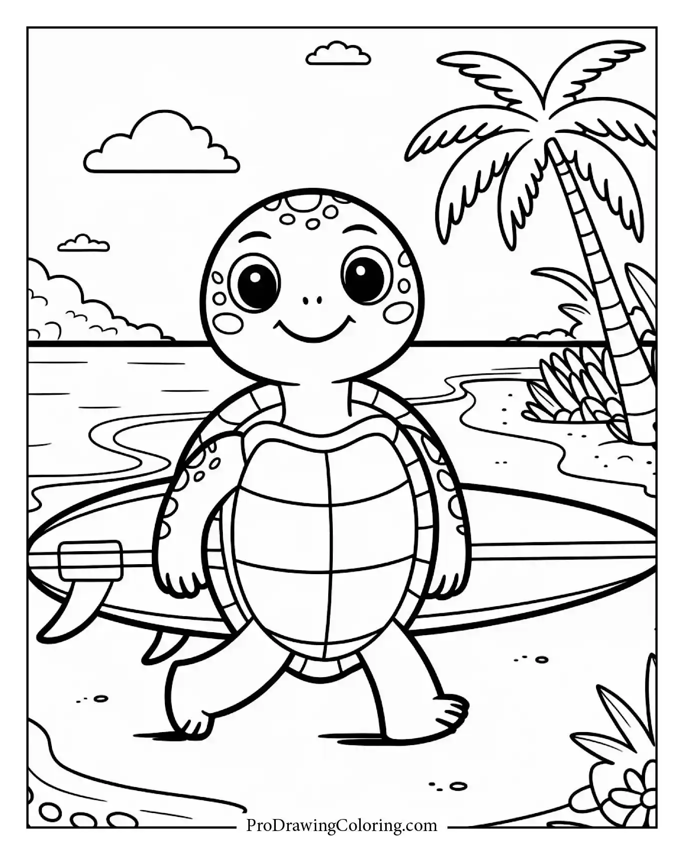 Beach coloring pages – turtle with surfboard on the beach