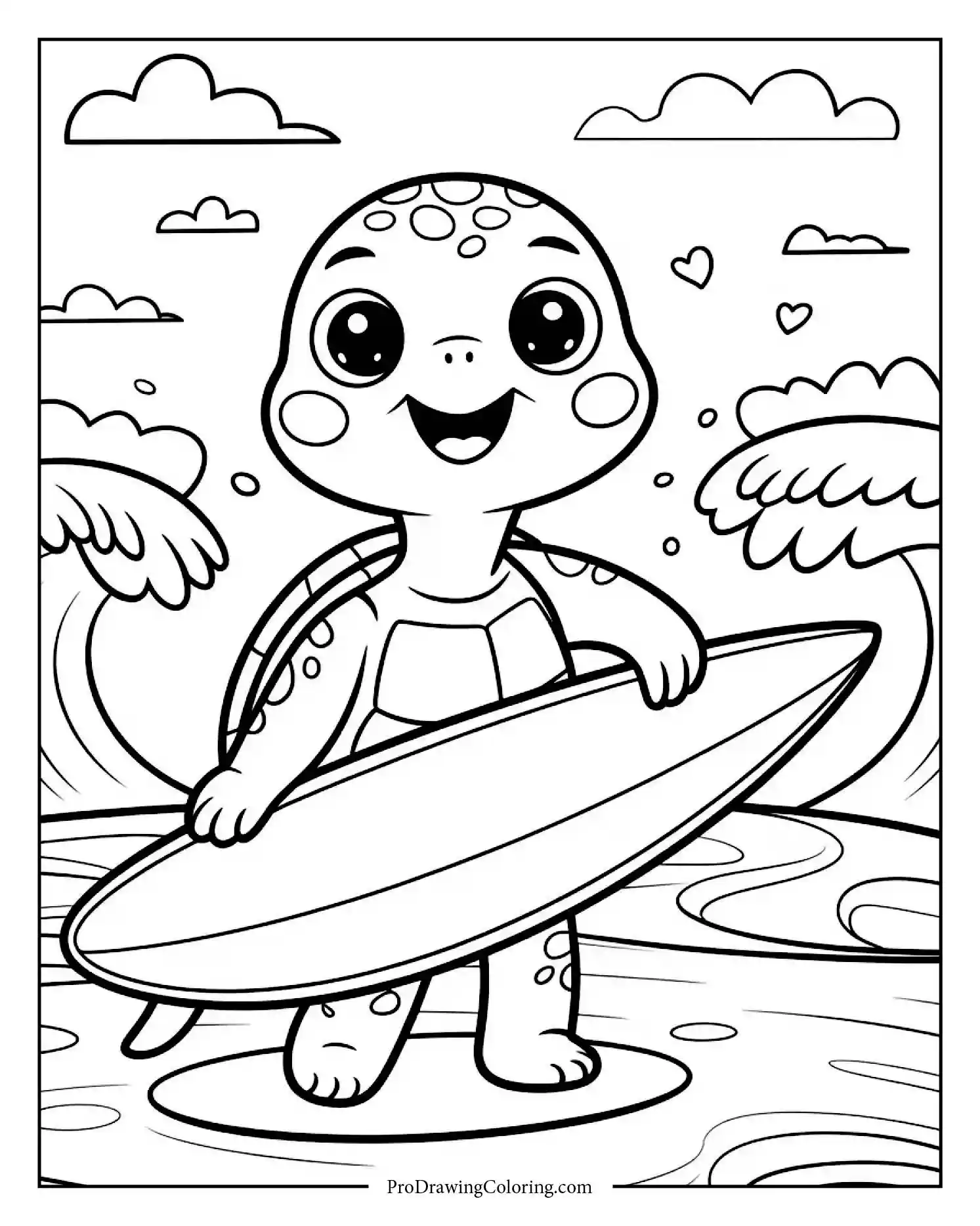 turtle with surfboard coloring page Happy turtle with surfboard near sea — fun printable beach coloring sheet for kids