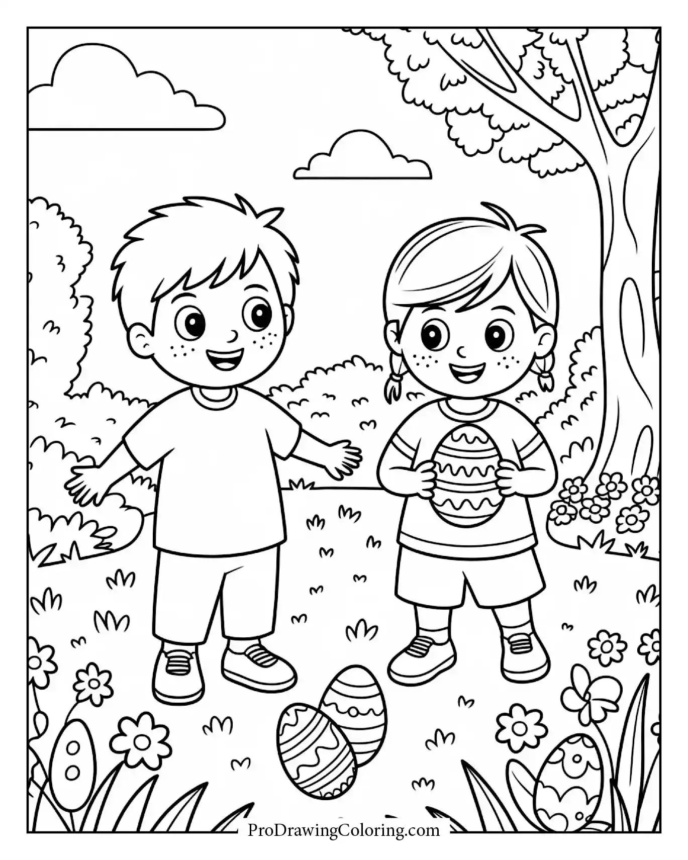 Two children searching for Easter eggs with happy faces.