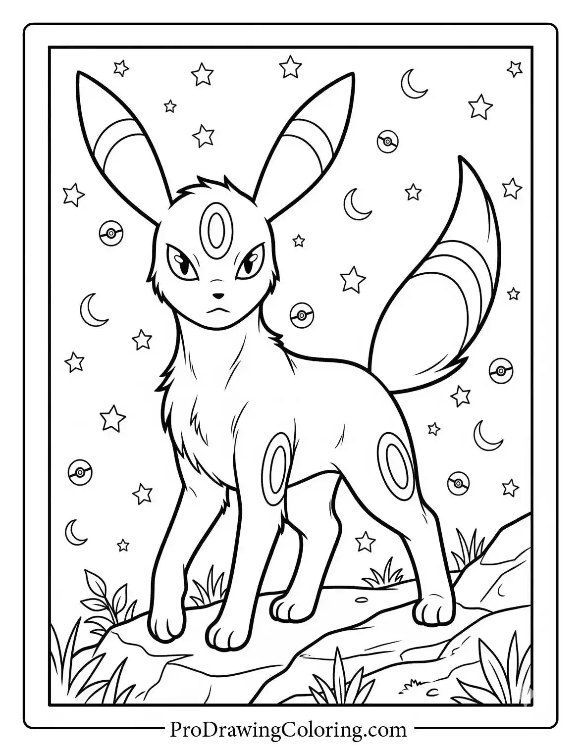 Printable of an adorable Umbreon standing proudly on a rock in the moonlight, surrounded by shining stars and a beautiful crescent moon in the night sky.