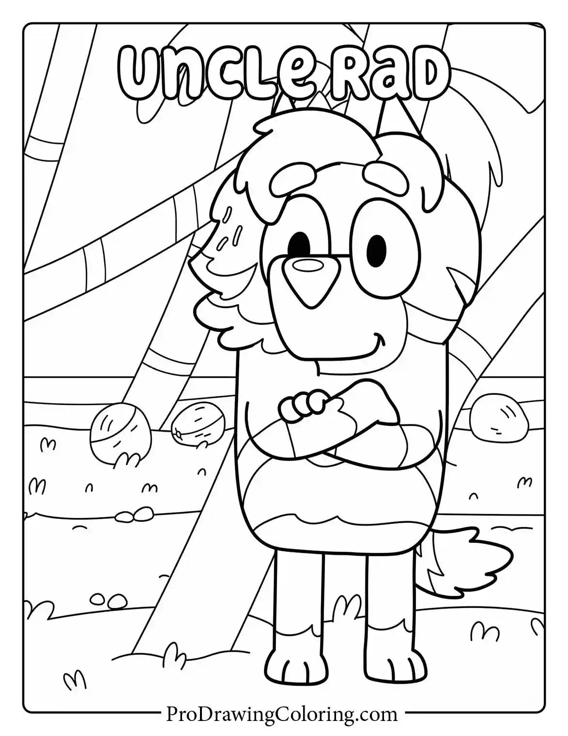 Cool Uncle Rad standing with crossed arms in this free colouring page for adult fans.