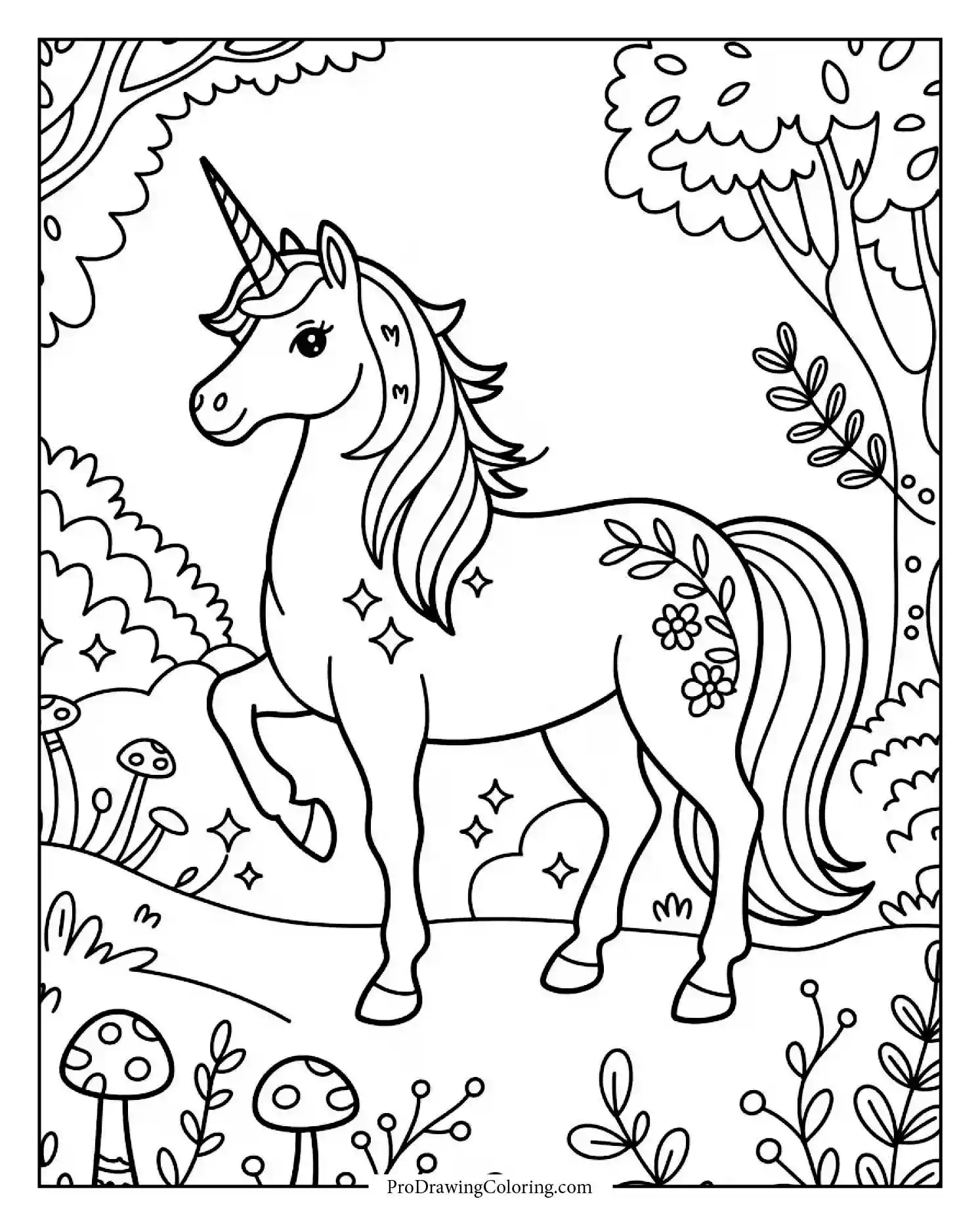 unicorn horse coloring page Printable unicorn coloring page with a magical horse and sparkles