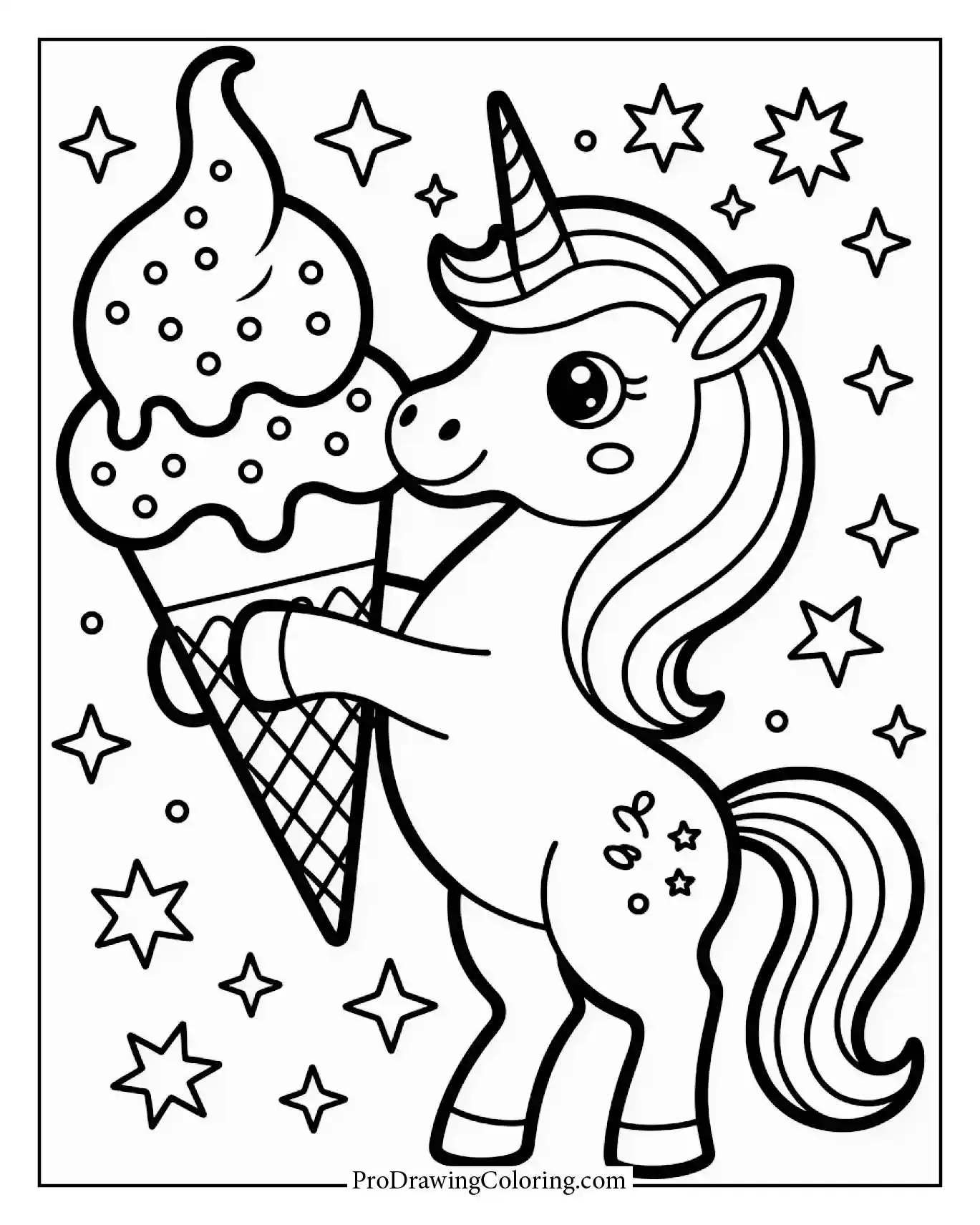 Unicorn-themed ice cream coloring page printable