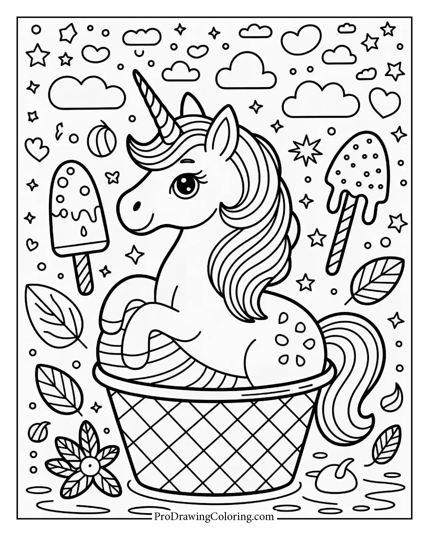 Unicorn Ice Cream Fantasy perfect for a printable and free coloring page