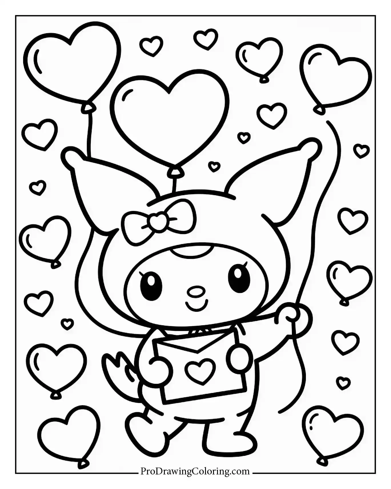 Valentine Kuromi with hearts and love letters, sweet style, romantic letter.