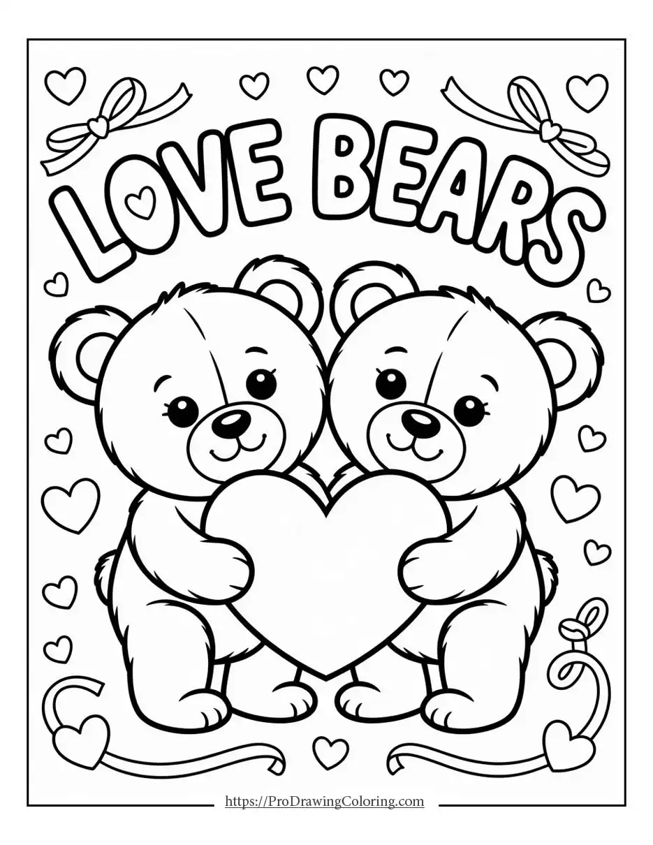 Valentine’s Day bear coloring pages with two teddy bears holding a heart