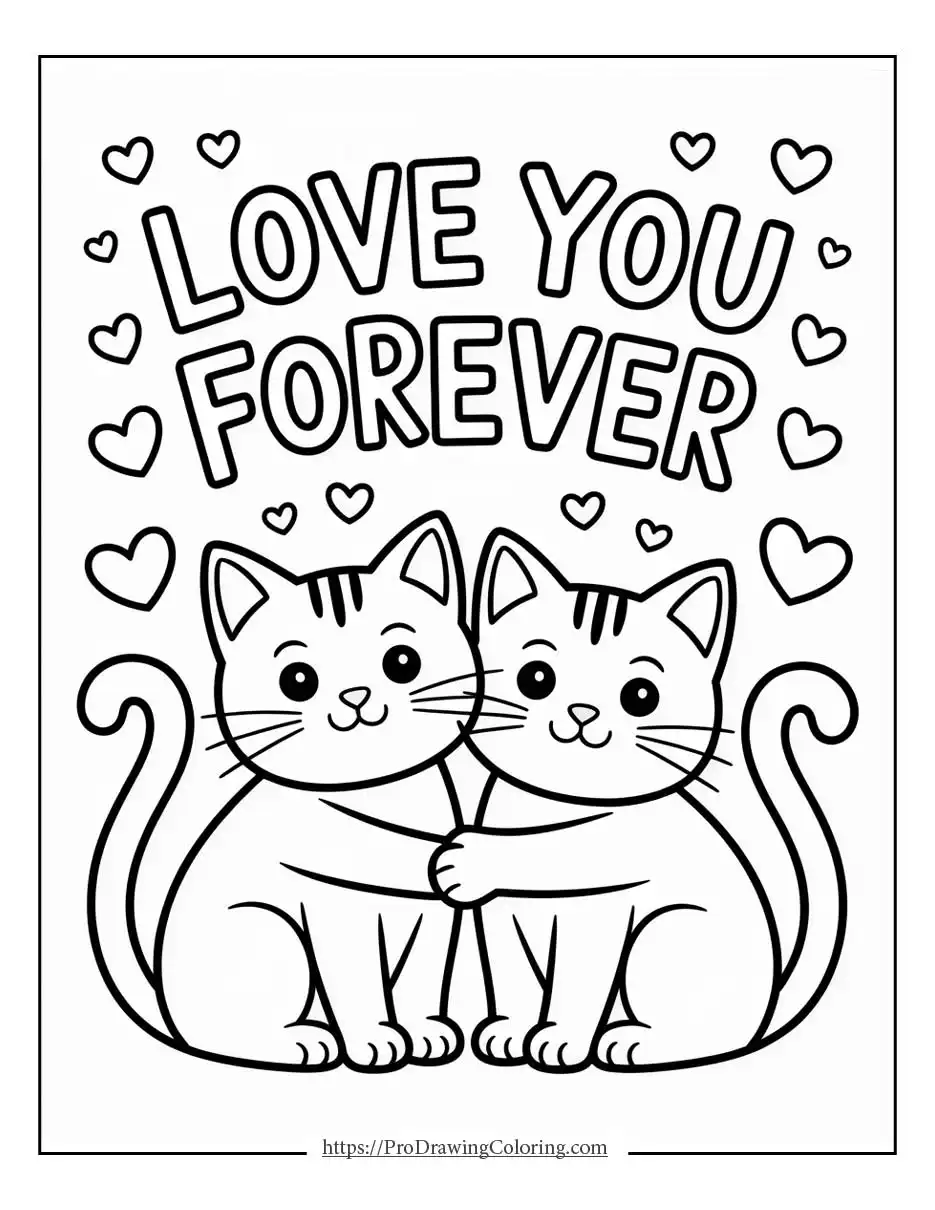 Valentine’s Day cat coloring pages with two cats hugging each other