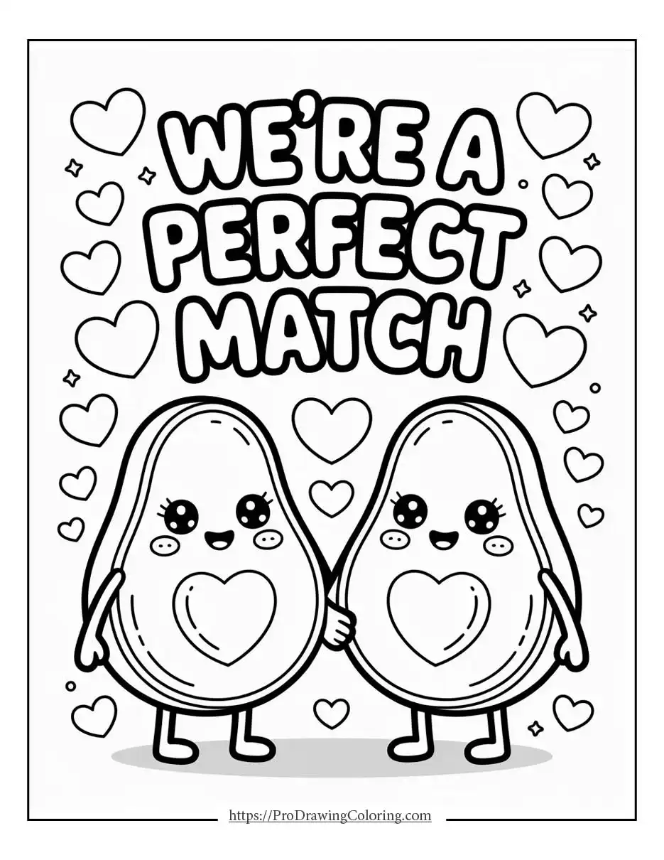 Valentine’s Day coloring pages with cute avocado couple and hearts, printable fun coloring page