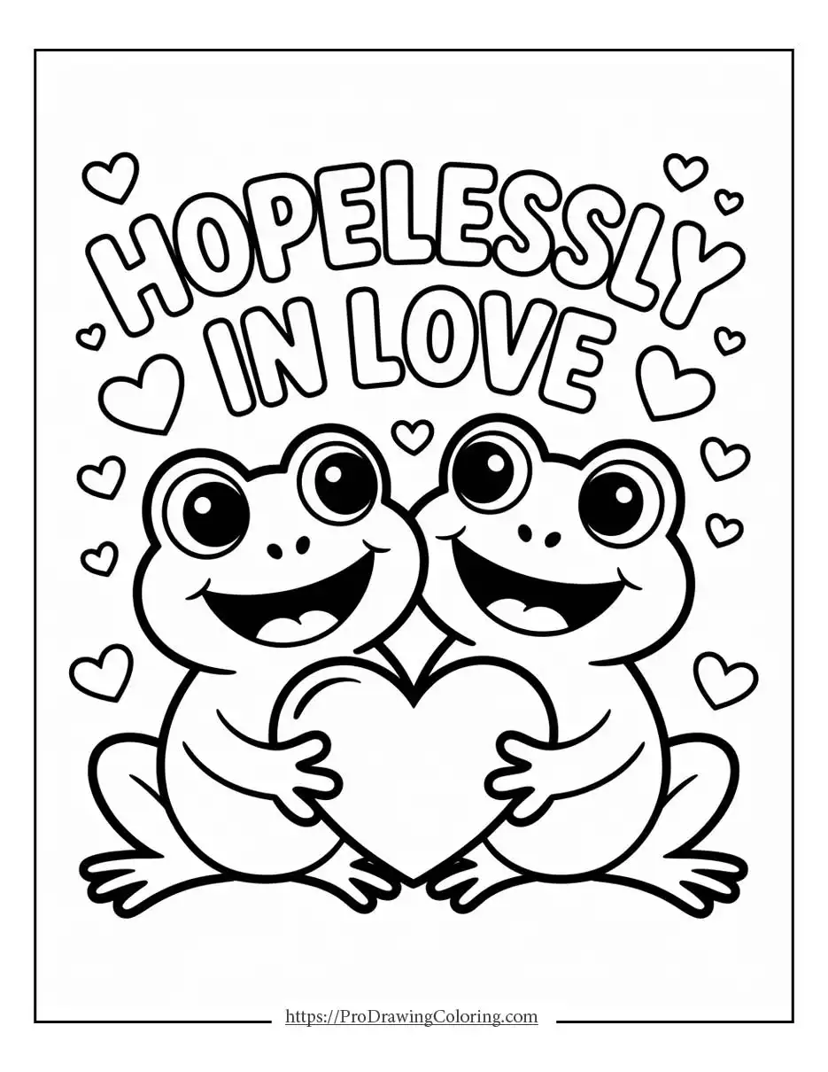 Valentine’s Day frog coloring pages with two frogs holding a heart