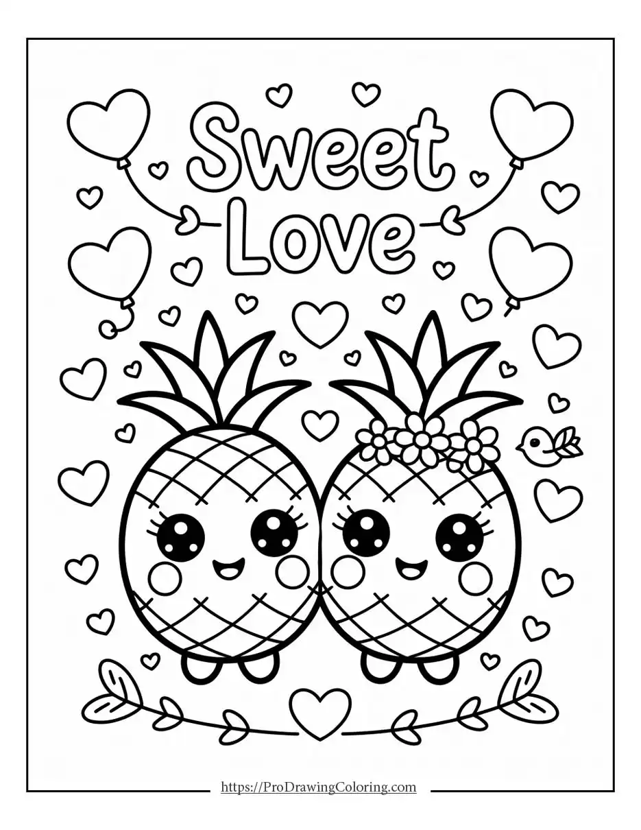 Valentine’s Day cute fruit coloring pages with pineapple couple and hearts