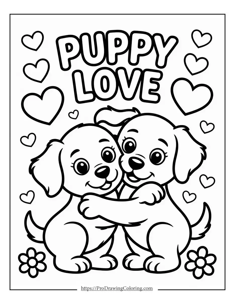 Valentine’s Day puppy coloring pages with two dogs hugging and hearts