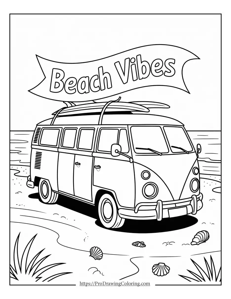 Classic beach van parked near the ocean with surfboards and seaside details