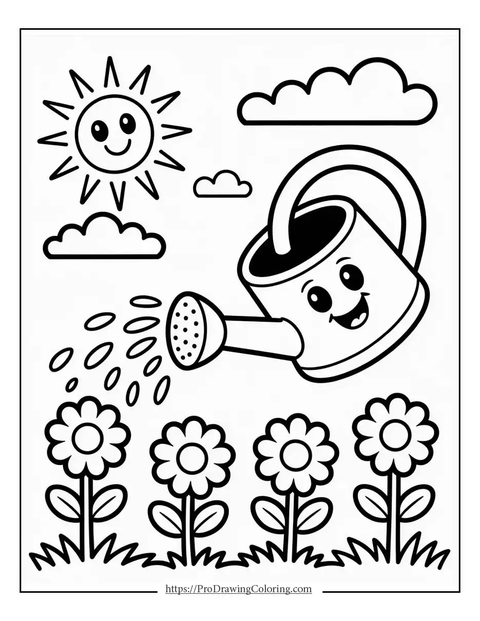 smiling watering can sprinkling water on blooming flowers under the sun in a cheerful spring garden