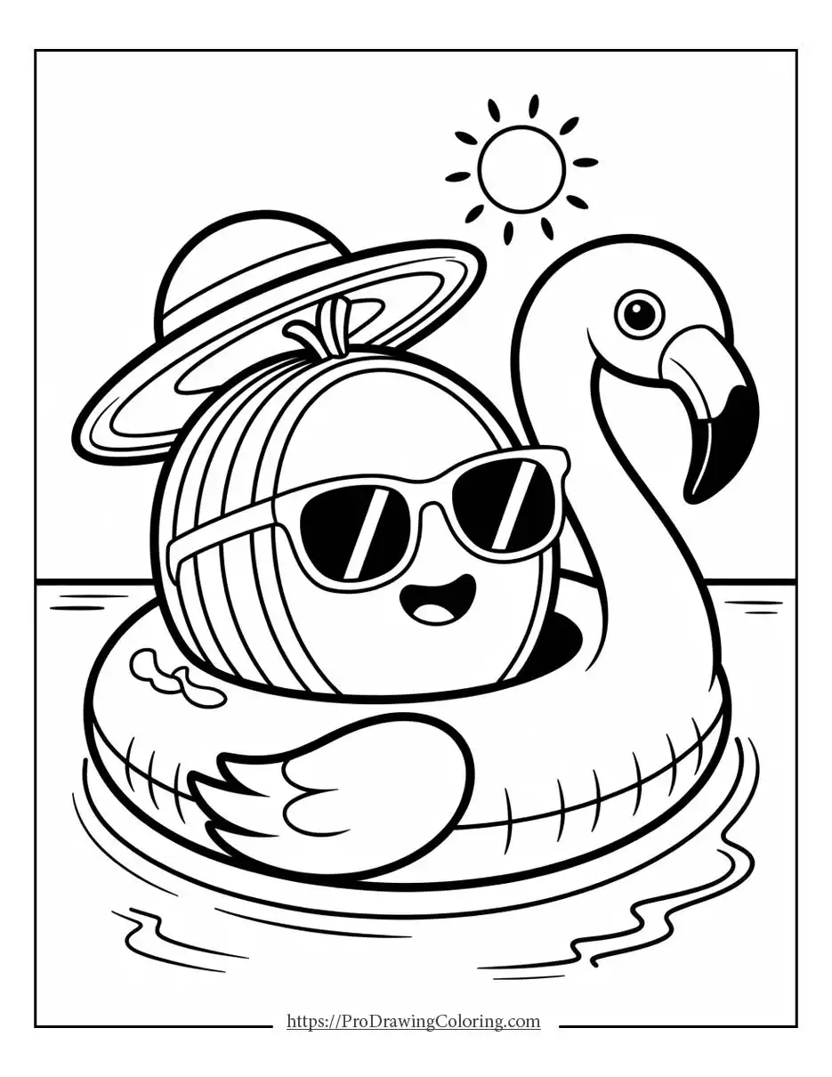 Funny watermelon relaxing on a flamingo float under the summer sun