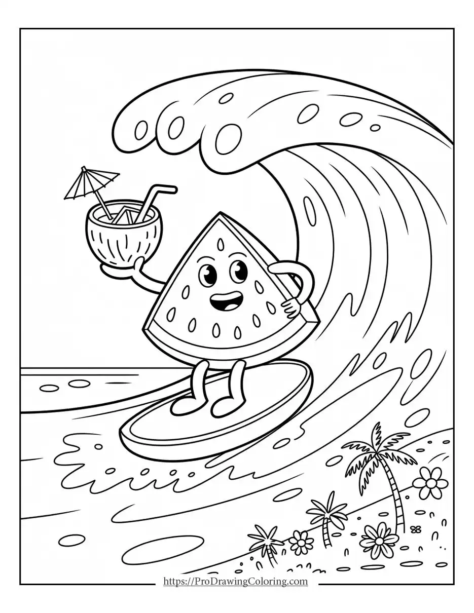 Fun watermelon surfing a big wave while holding a tropical drink