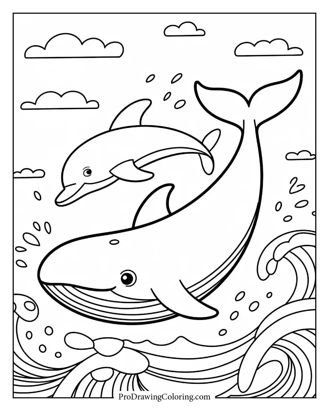 Cartoon whale and dolphin jumping together with simple waves, coloring sheet for kids