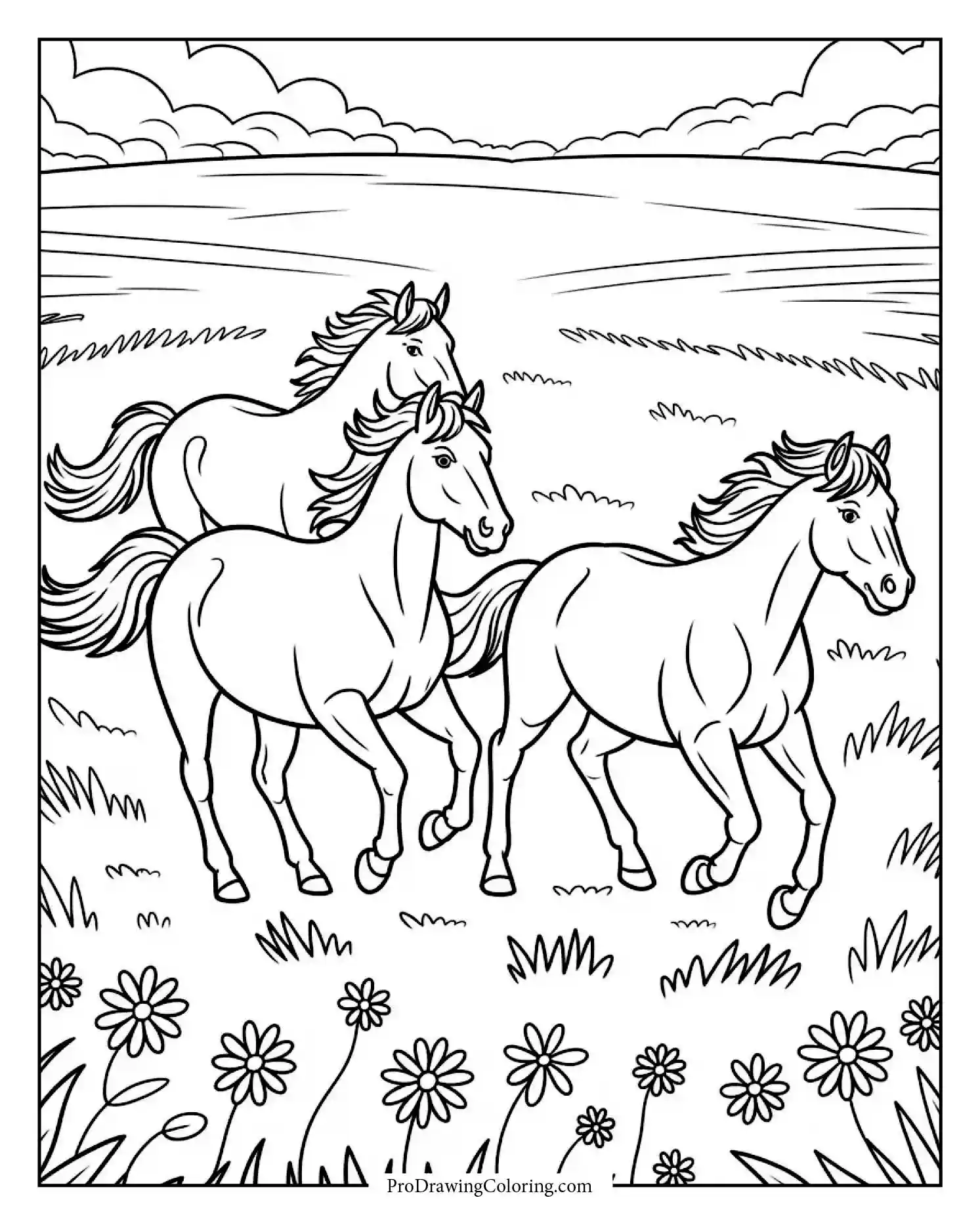 wild horses running coloring sheet Printable coloring sheet of multiple wild horses running free in the plains
