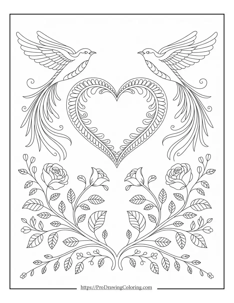 Elegant heart illustration surrounded by birds, wings, flowers, and leafy branches