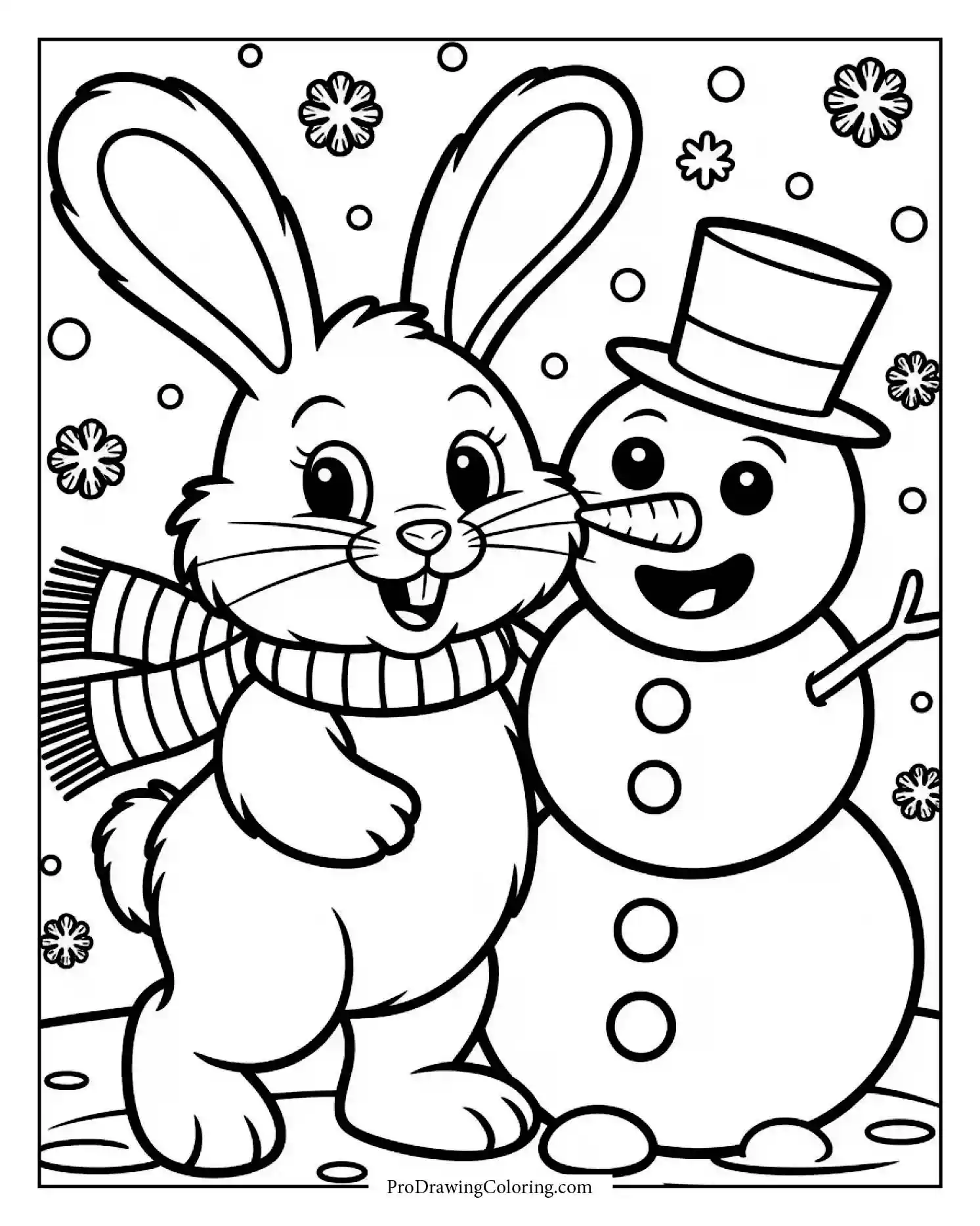 winter bunny with scarf Winter-themed bunny coloring page with snow and scarf, printable and free
