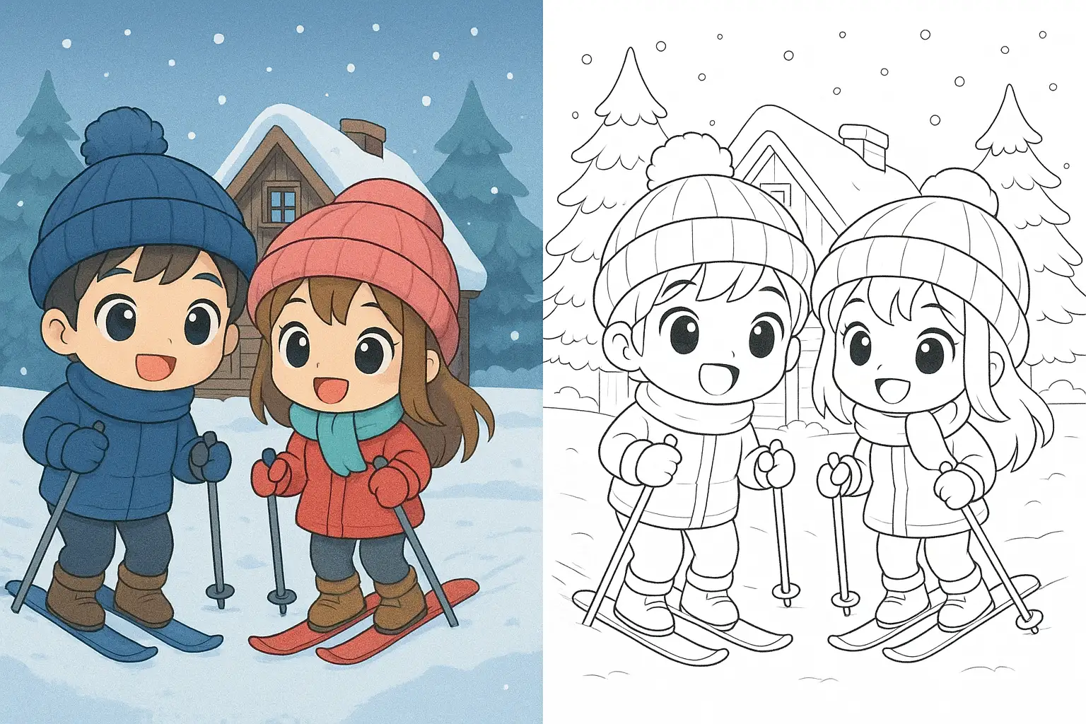 Cute chibi boy and girl skiing near a wooden cabin in snow — winter coloring page with cozy pine forest background, perfect printable for kids and adults.