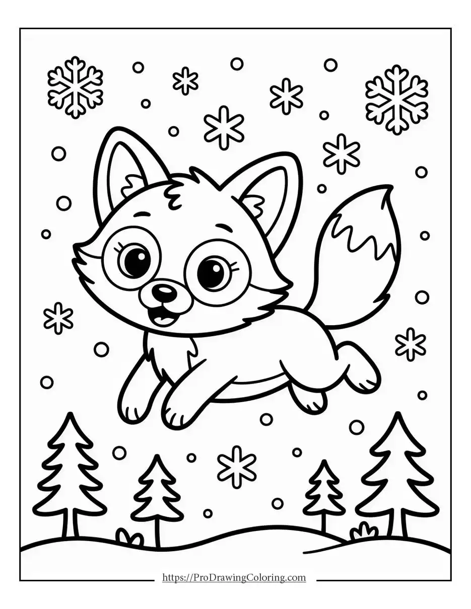 Cute fox jumping happily while snowflakes fall around a winter forest scene