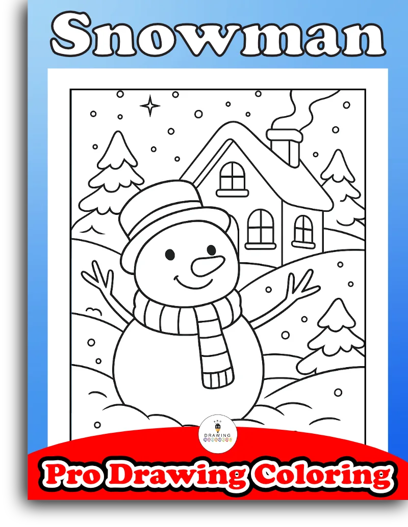 A snowman in a snowy village, this black and white cartoon is an easy free printable for winter fun.