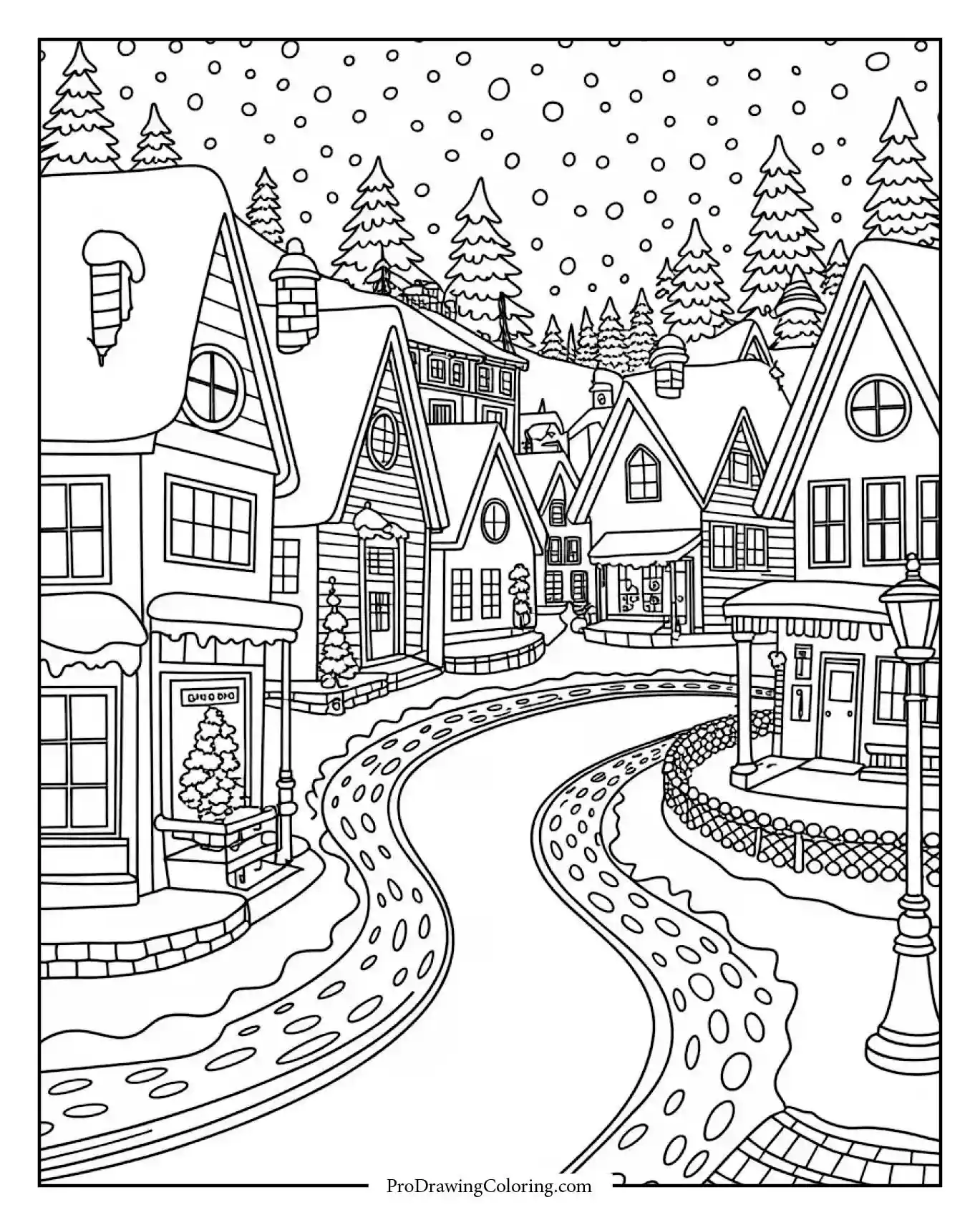 winter wonderland town coloring page Detailed winter wonderland town with houses and snowy streets