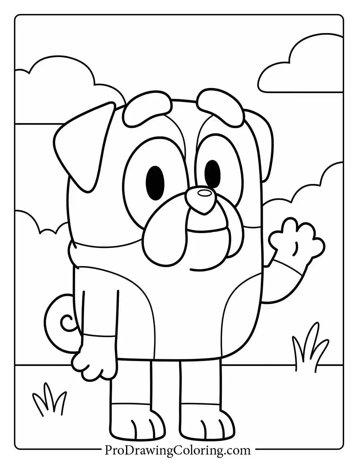 Winton coloring page showing Bluey's friend, the cheerful English Bulldog. Download this easy black and white drawing.