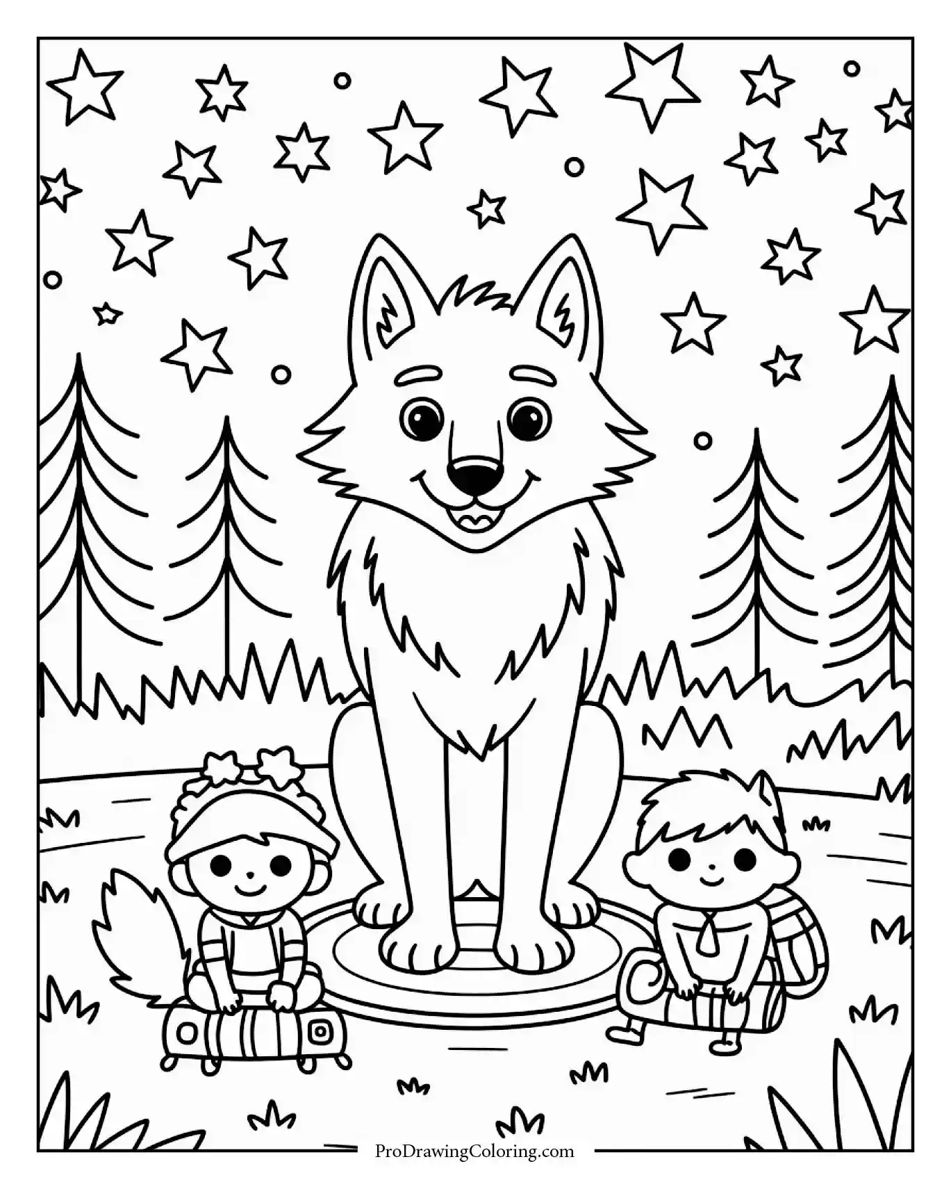 wolf camping stars Wolf and friends camping with tent and campfire