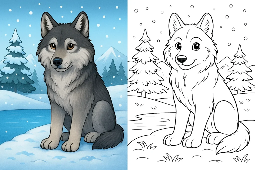 wolf coloring pages – semi-realistic wolf sitting in a snowy landscape with mountains and pine trees; left side fully colored scene and right side identical black-and-white wolf coloring page for kids