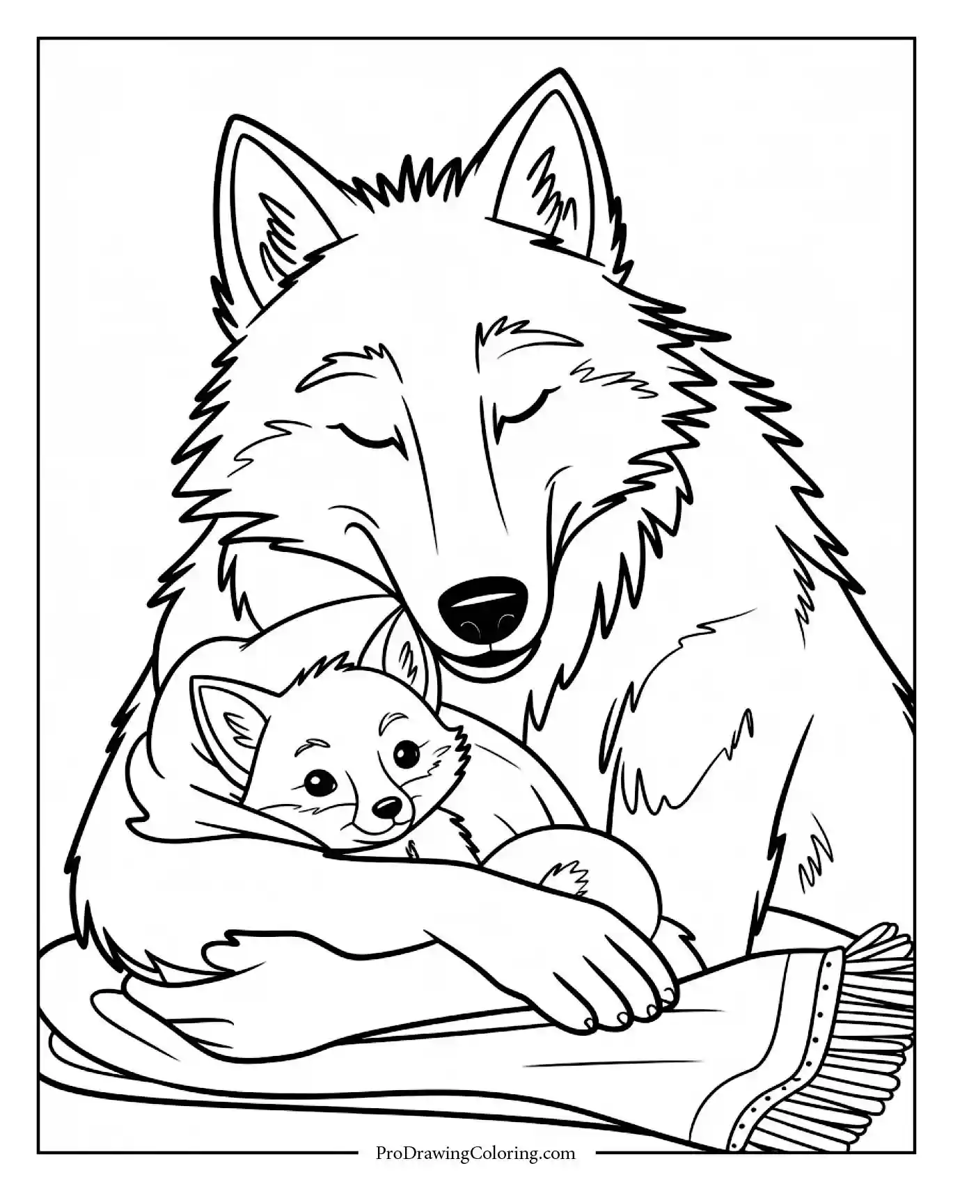 wolf cuddling fox Warm wolf hugging baby fox under soft blanket