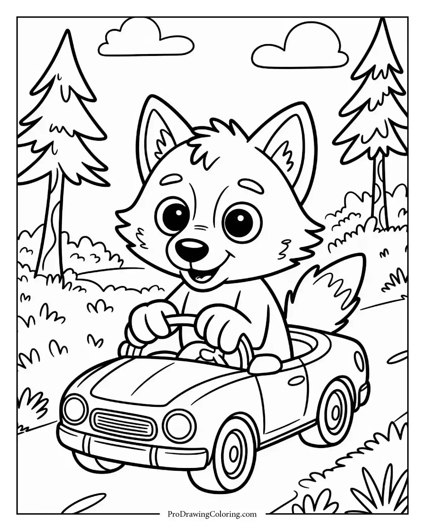 wolf driving toy car Playful wolf driving a toy car in the forest