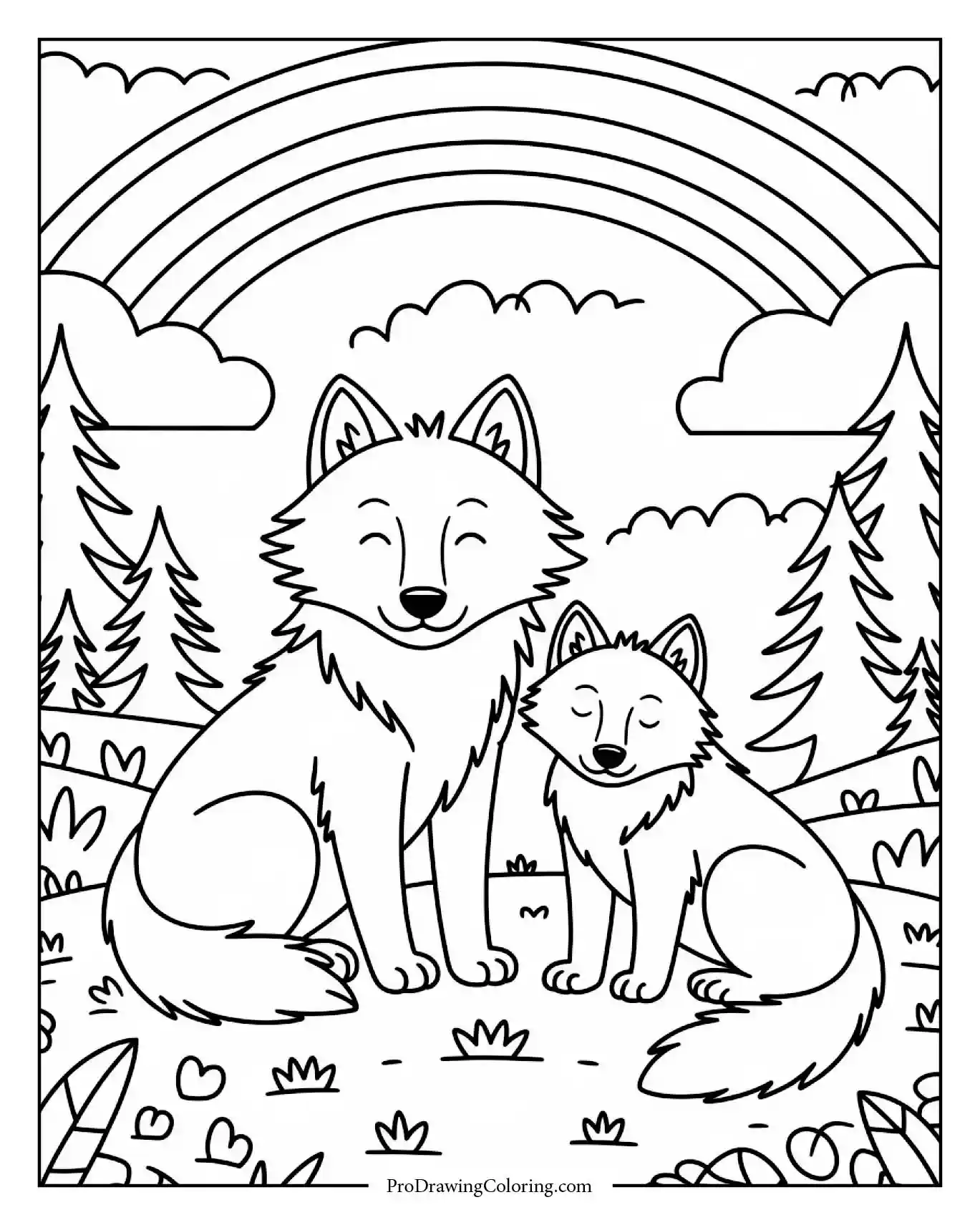 wolf family rainbow printable Wolf printable coloring pages for kids with family under a colorful rainbow