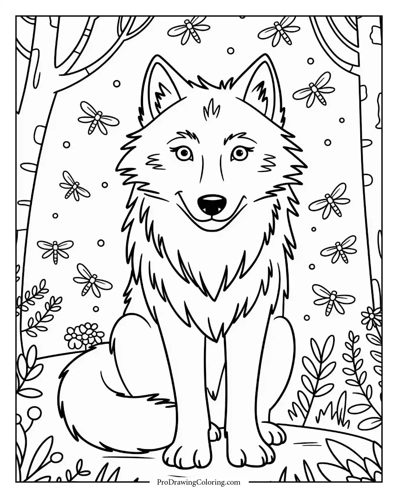 wolf fireflies printable Dreamy wolf surrounded by glowing fireflies in dark forest