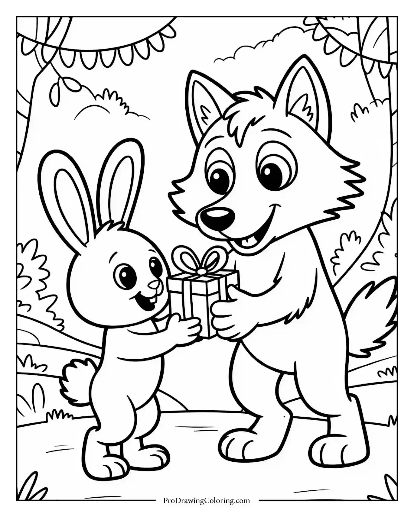wolf giving gift Wolf offering present to bunny friend with smile