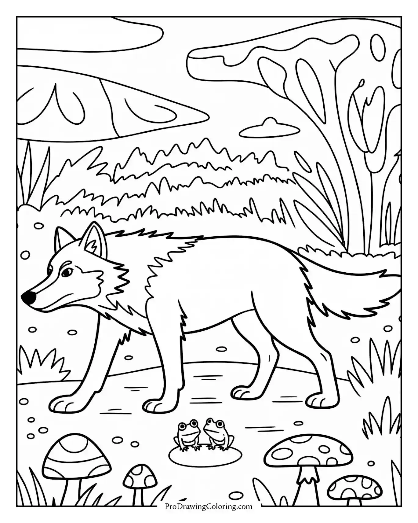 wolf mushrooms frogs Cute wolf walking near mushrooms with tiny frogs jumping around