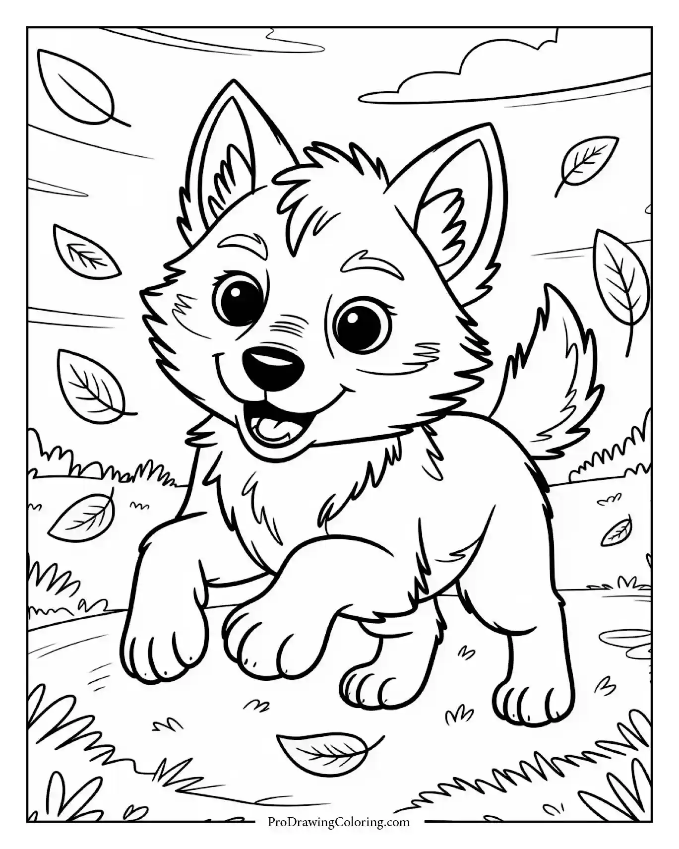 wolf pup leaves coloring page Wolf coloring page to print showing wolf pup playing with autumn leaves