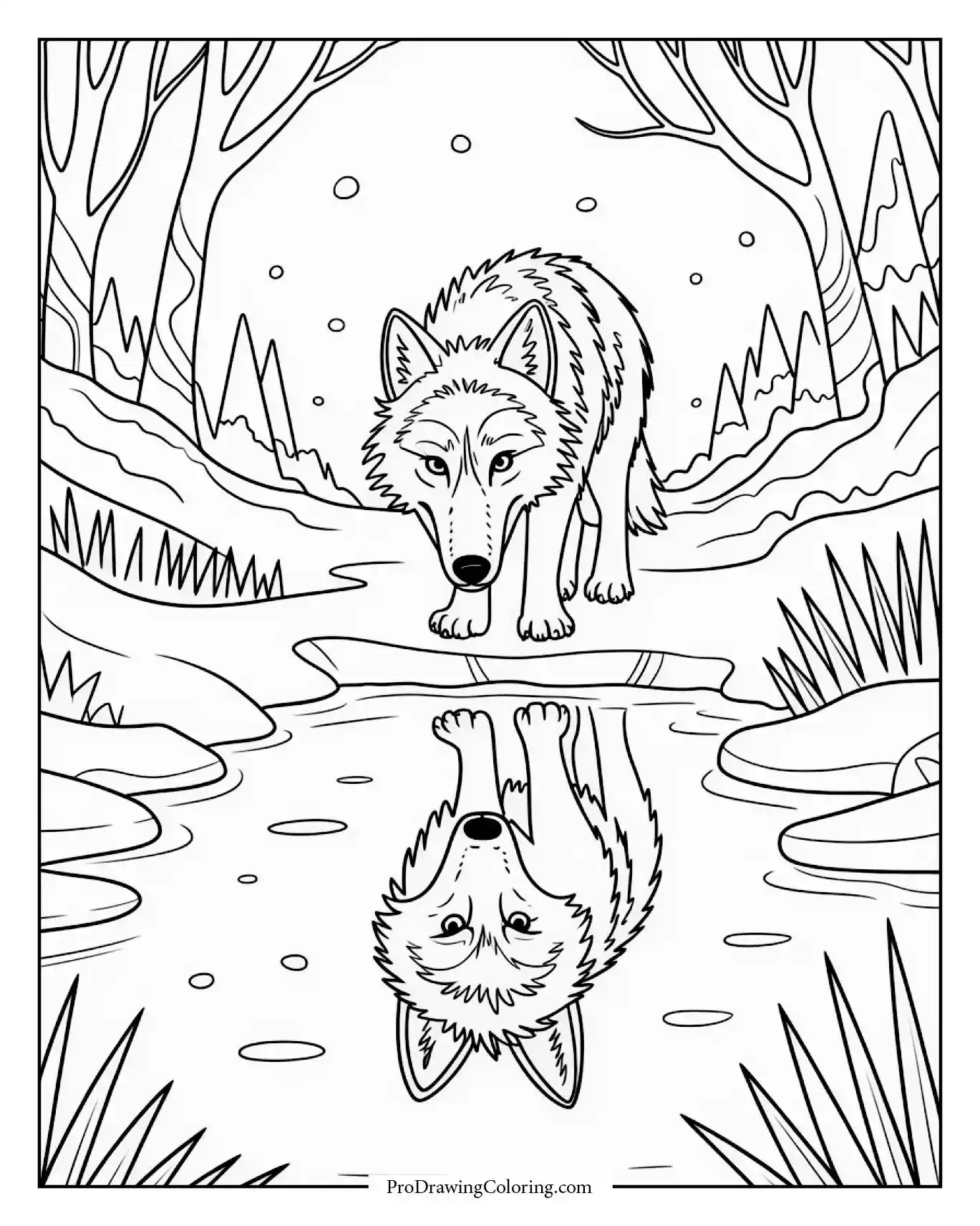 wolf reflection pond for adults Wolf watching its reflection in frozen water with serene expression