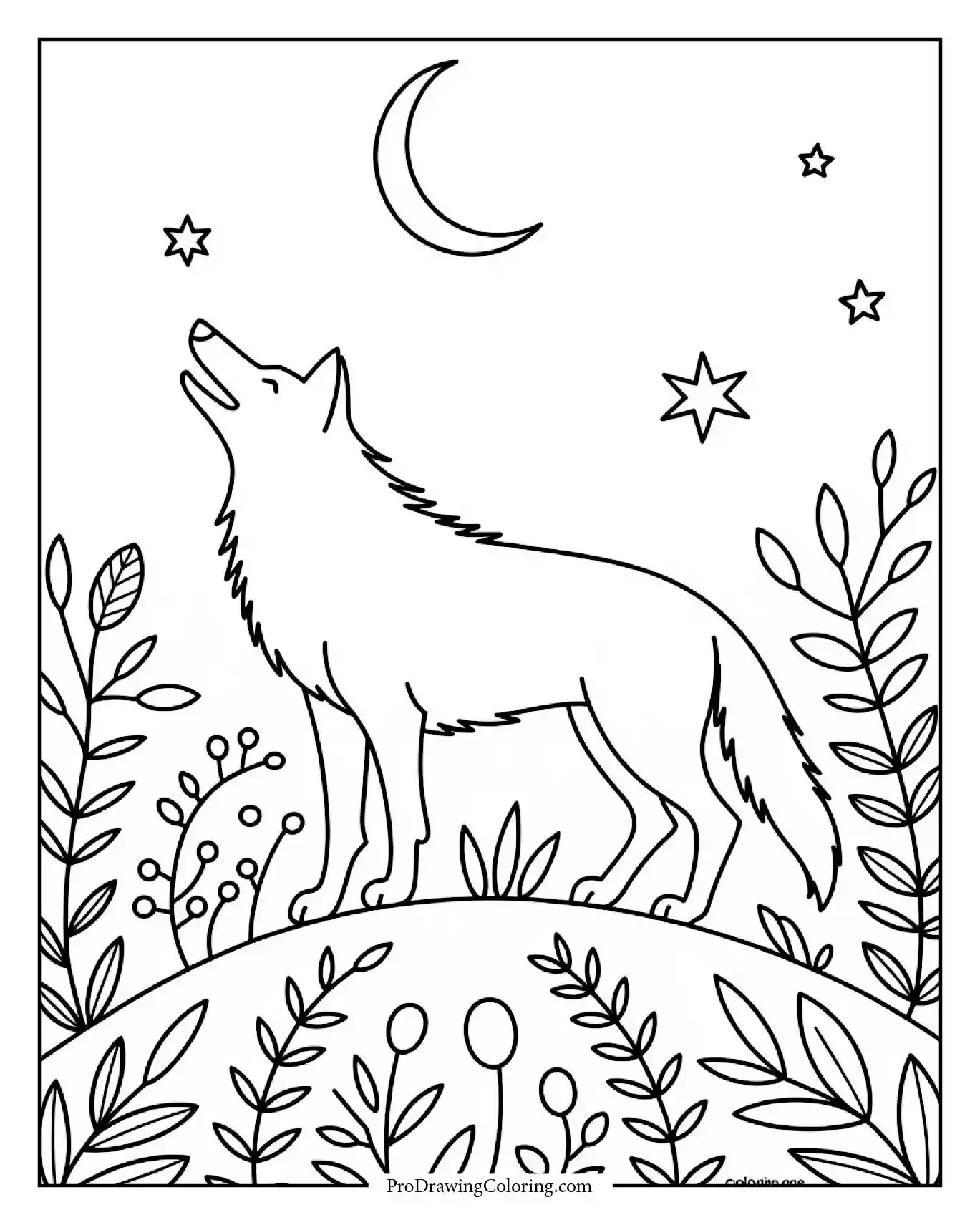 wolf silhouette crescent moon coloring design Beautiful wolf silhouette beneath crescent moon and stars