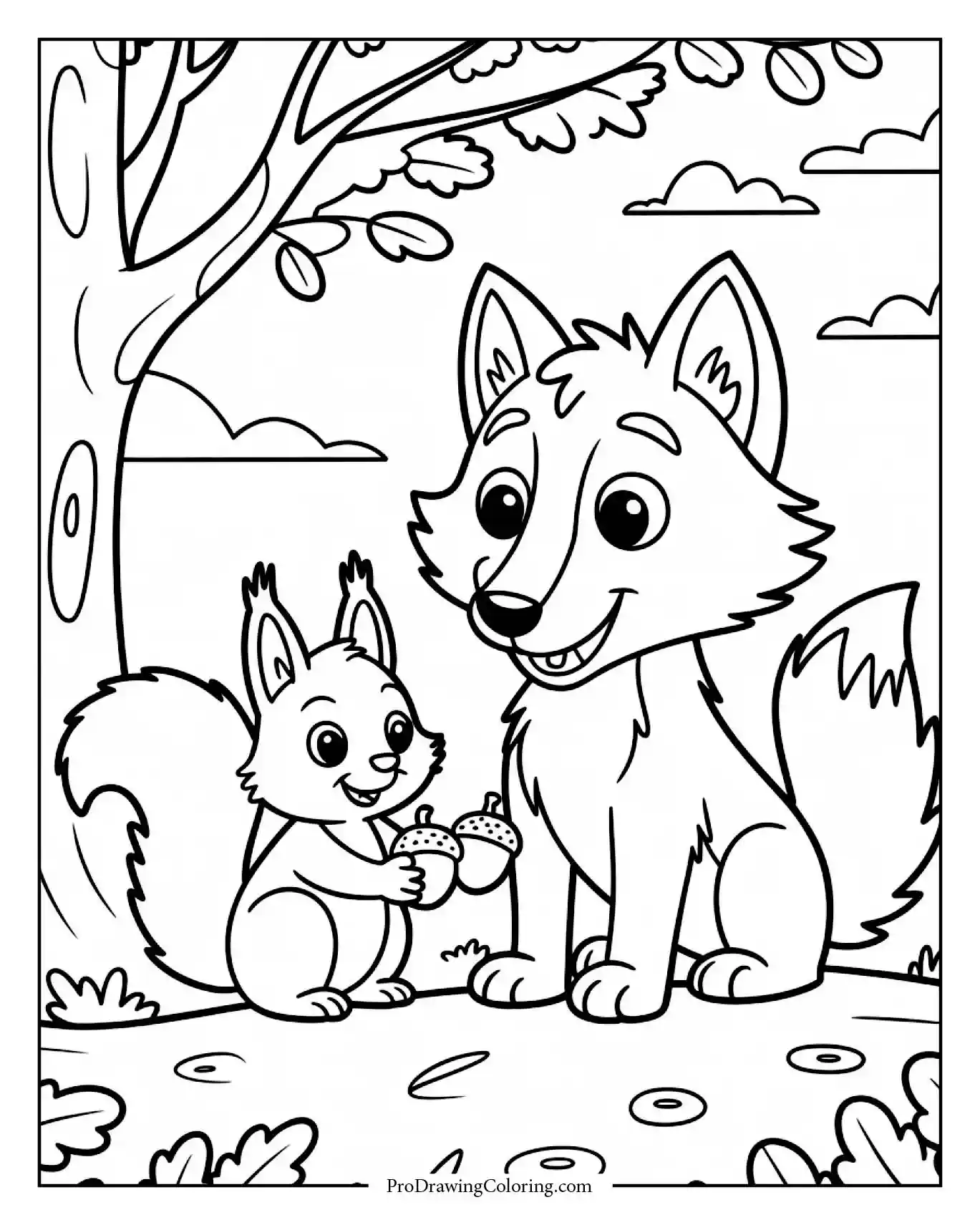 wolf squirrel sharing coloring sheet Wolf printable coloring page for children with wolf and squirrel sharing acorns