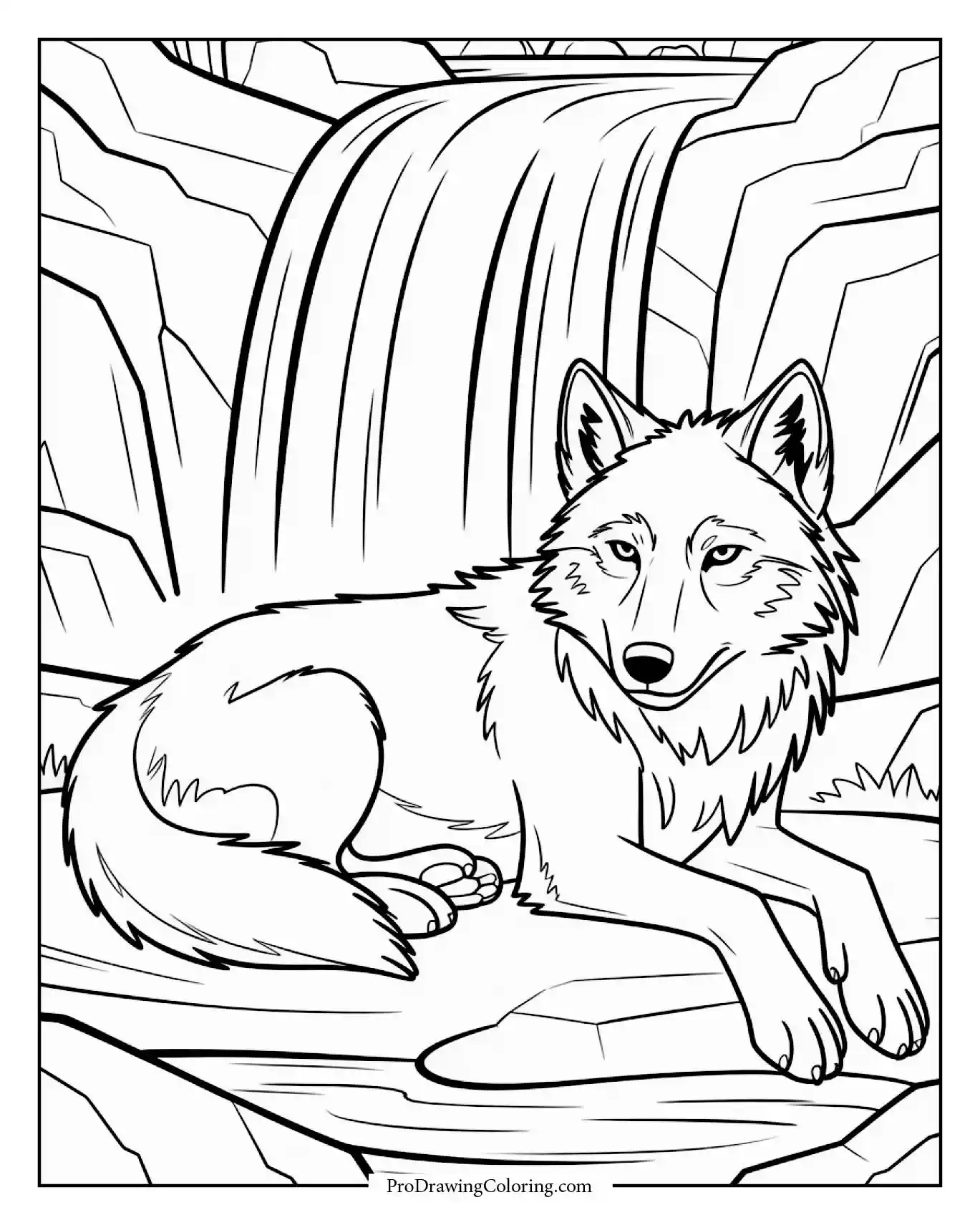 wolf waterfall coloring sheet Wolf printable coloring pages showing a majestic wolf resting beside a waterfall