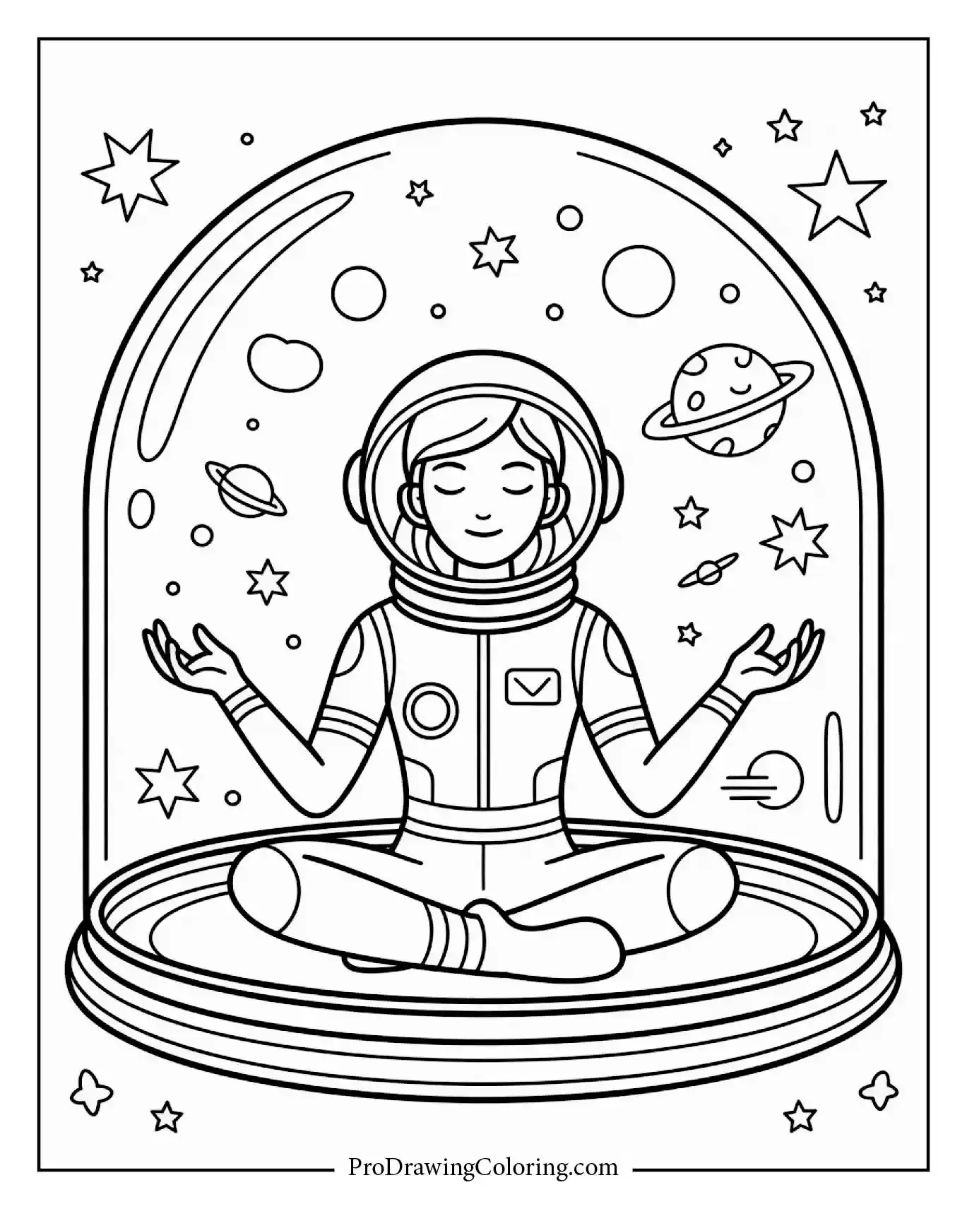 Woman astronaut meditating inside a transparent dome, cosmic space scene.