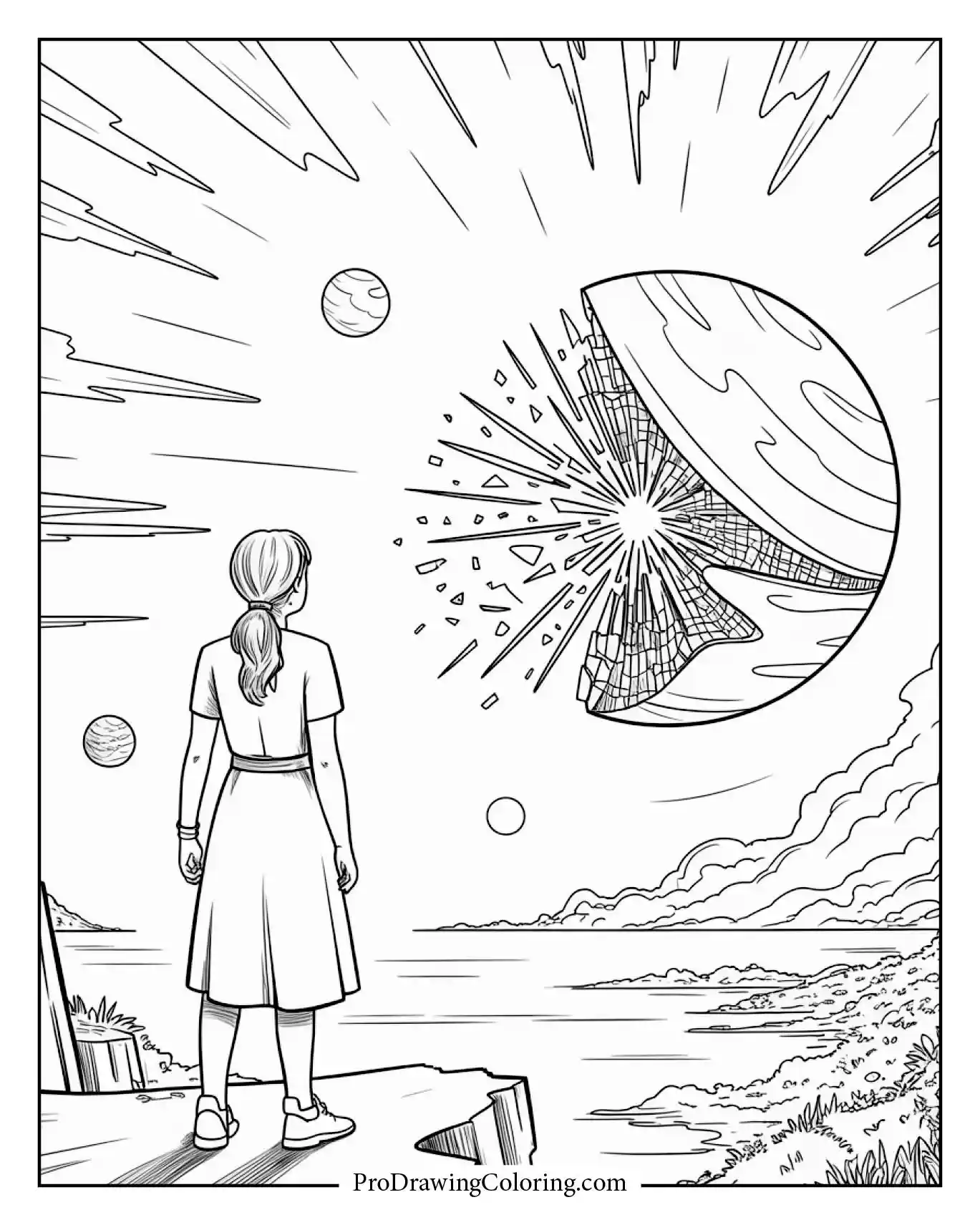 Woman standing on a cliff watching a shattered planet in the distance.