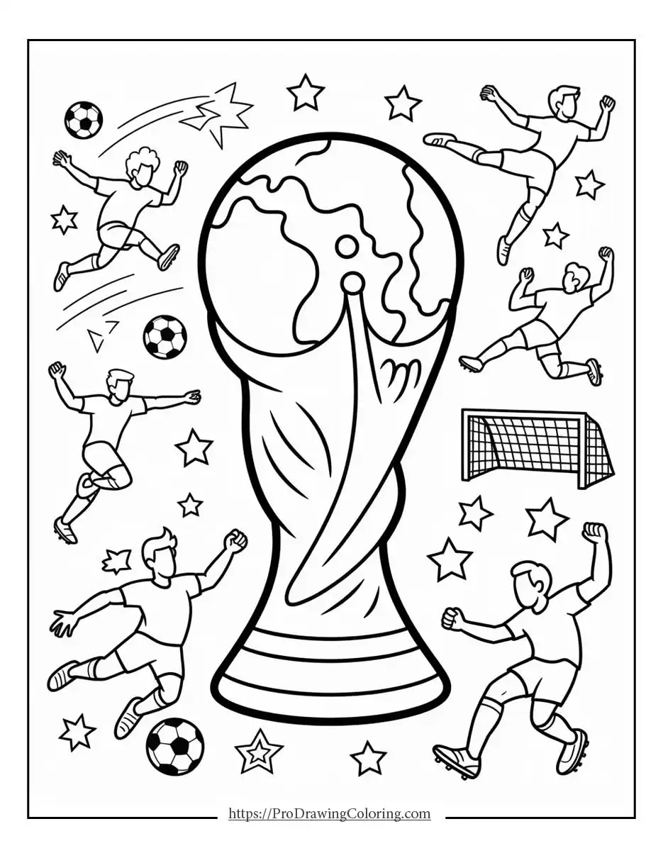World cup soccer coloring pages showing the trophy surrounded by soccer players and action